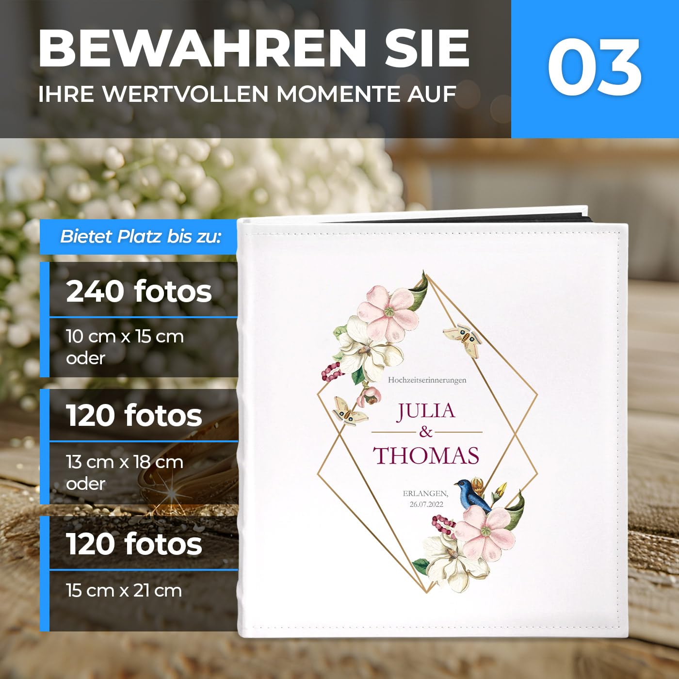 Maverton Fotoalbum zum Selbstgestalten mit Aufdruck - für 240 Fotos 10x15-60 schwarze Seiten - Größe 33x30cm - Weihnachtsgeschenke - Weiß - personalisierte Geschenke zum Hochzeitstag zur Hochzeit