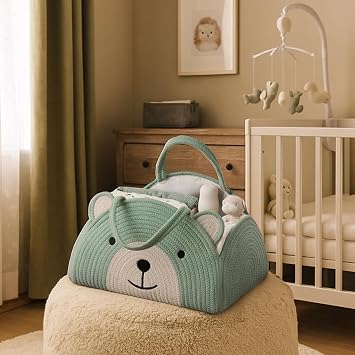 Lmbabter Baby Diaper Caddy Cotton Rope Diaper Organizer Basket Rainbow Theme Nursery Storage Bin Daypack Car Travel (Green Bear)