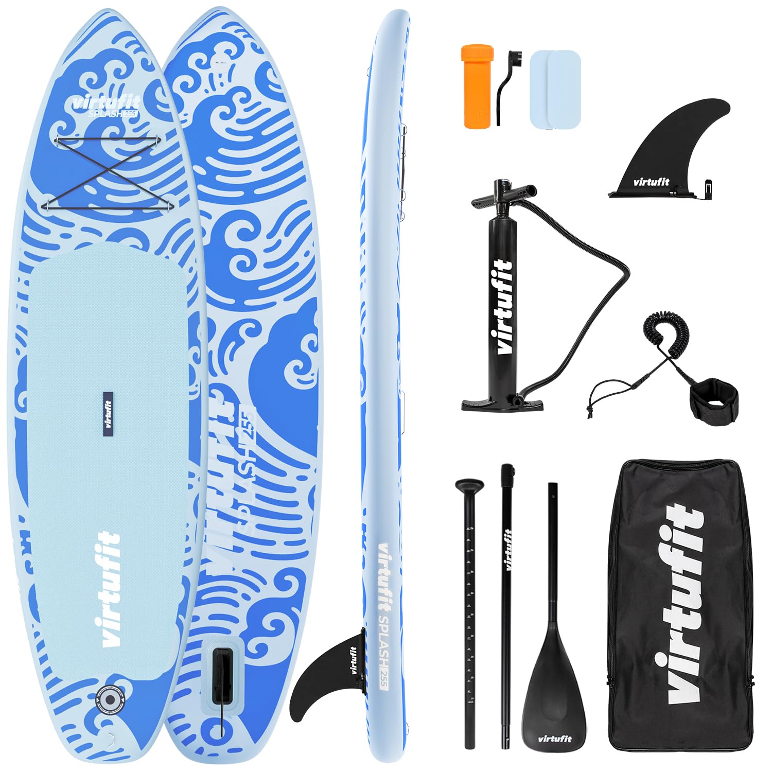VirtuFit Splash - Tavola da SUP gonfiabile per bambini e adulti fino a 100 kg, 255 cm, con pagaia, pompa, guinzaglio, pinna e zaino