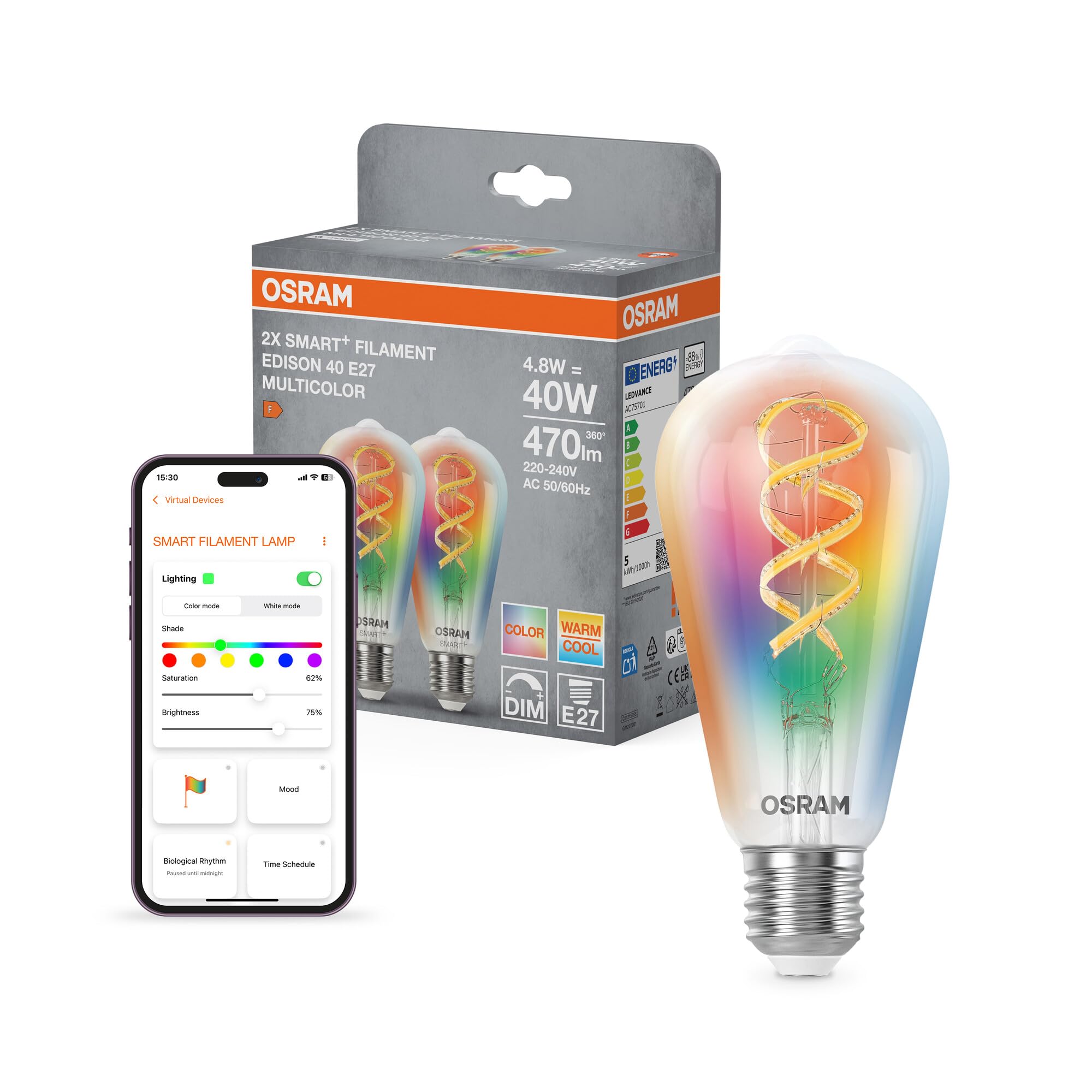 OSRAM SMART+ Bombilla Edison filament RGB (pack de 2, E27, 5W) – luz de | , LED Lamps, 64 Millimetres dia, 15000 Hours, Paquete de 2
