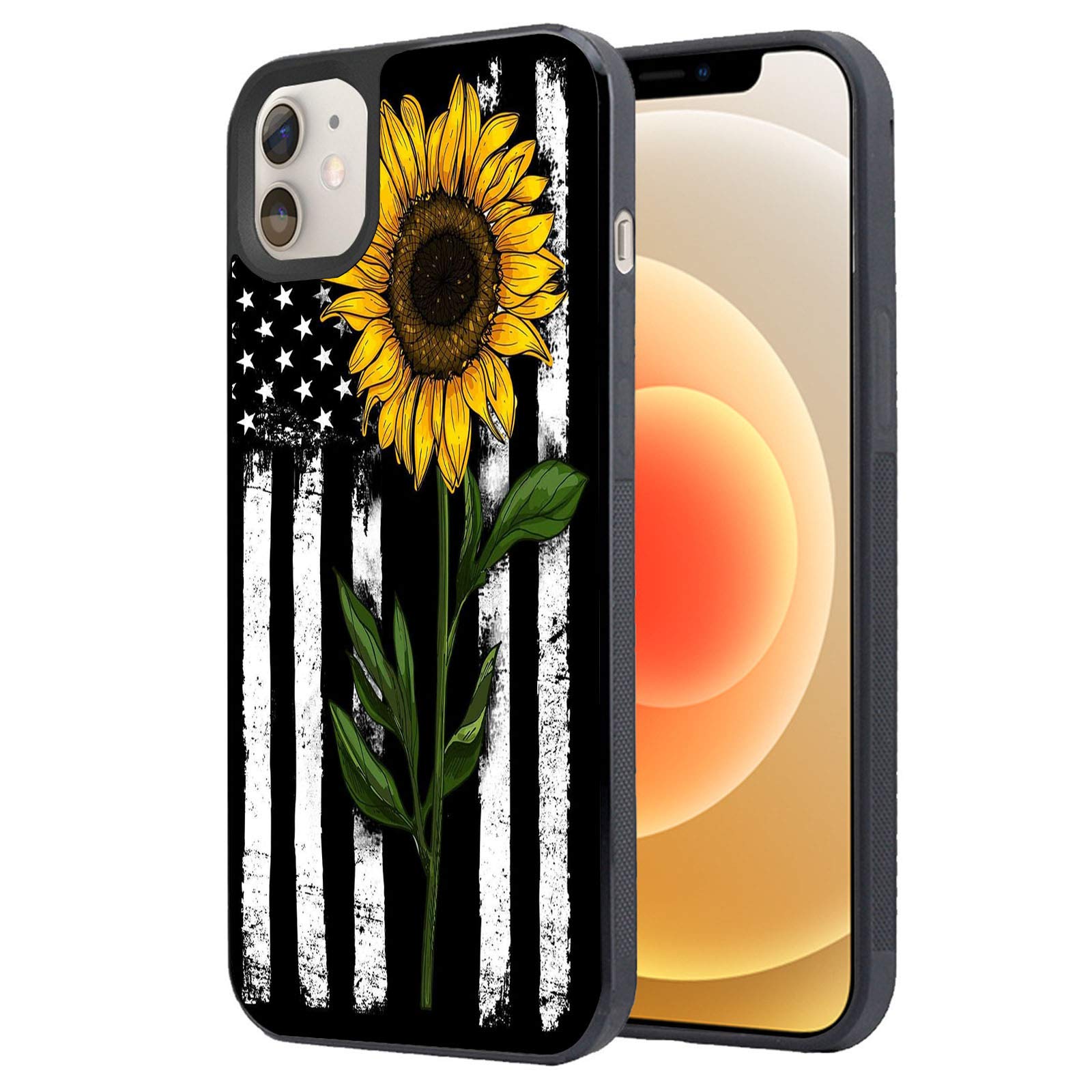 Compatible with Case for iPhone 12 Pro/iPhone 12 6.1 inch 2020,Sunflower on American Flag Design Shockproof Slim Anti-Scratch TPU Rubber Protective Case Cover