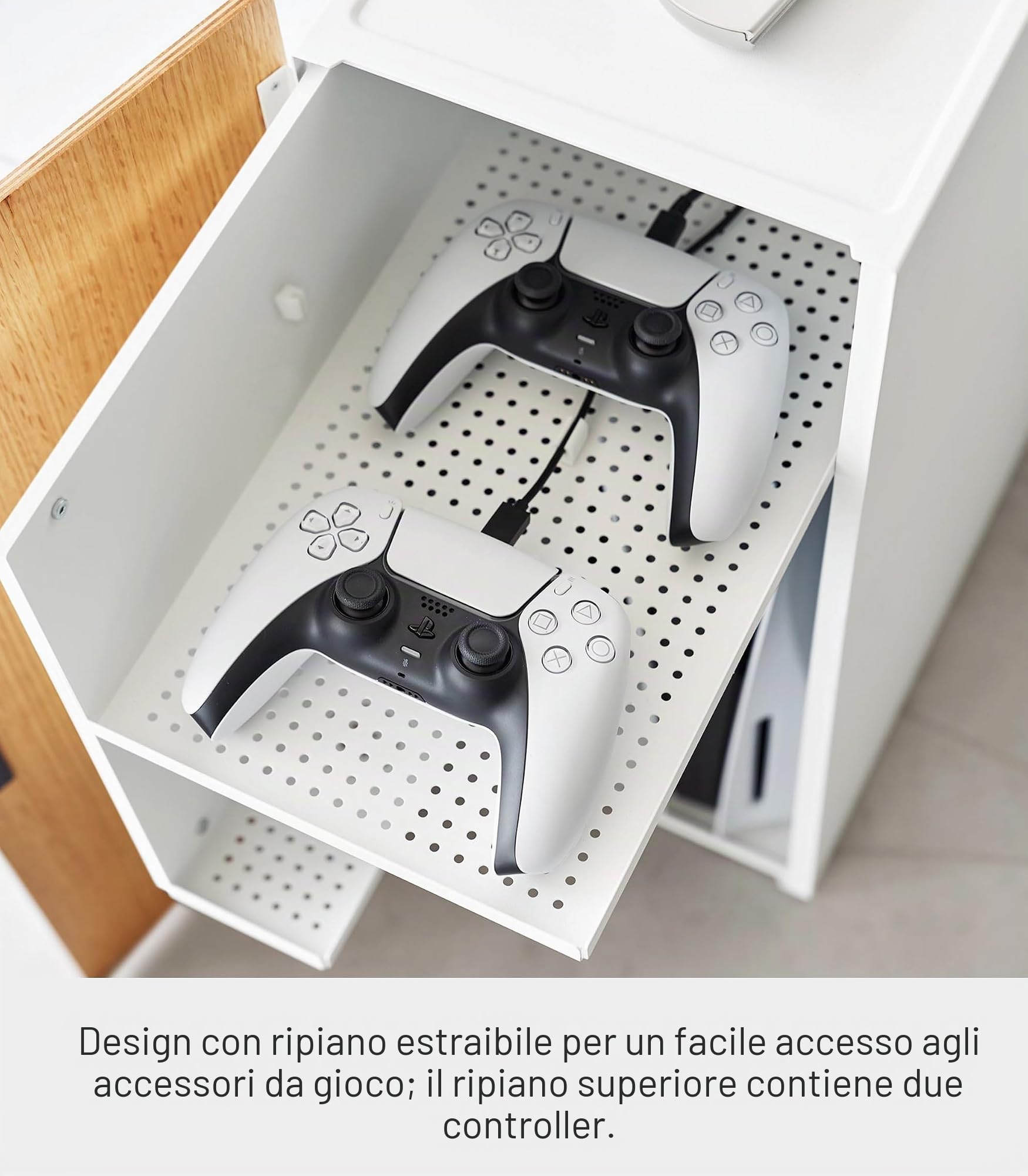 YAMAZAKI 2109 TOWER Game Console Organizer, white, Steel/Wood/Magnet/Silicone, 24.7 x 36.5 x 60.3 cm