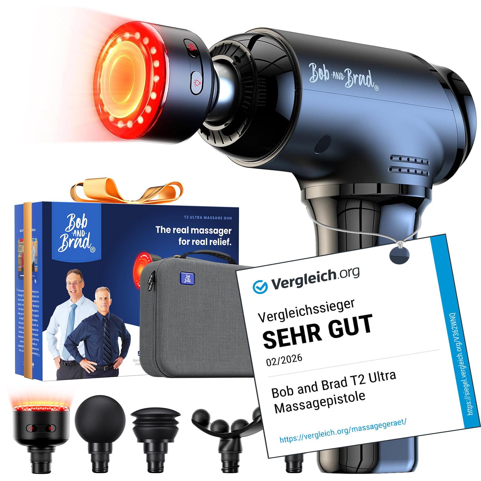 BOB AND BRAD T2 Ultra Massagepistole mit Wärme & Rotlicht-Therapie, Professioneller Tiefengewebe-Massagegerät für Sportler, Tragbare Massage Pistole für Muskelregeneration, Geschenk für Männer, Frauen