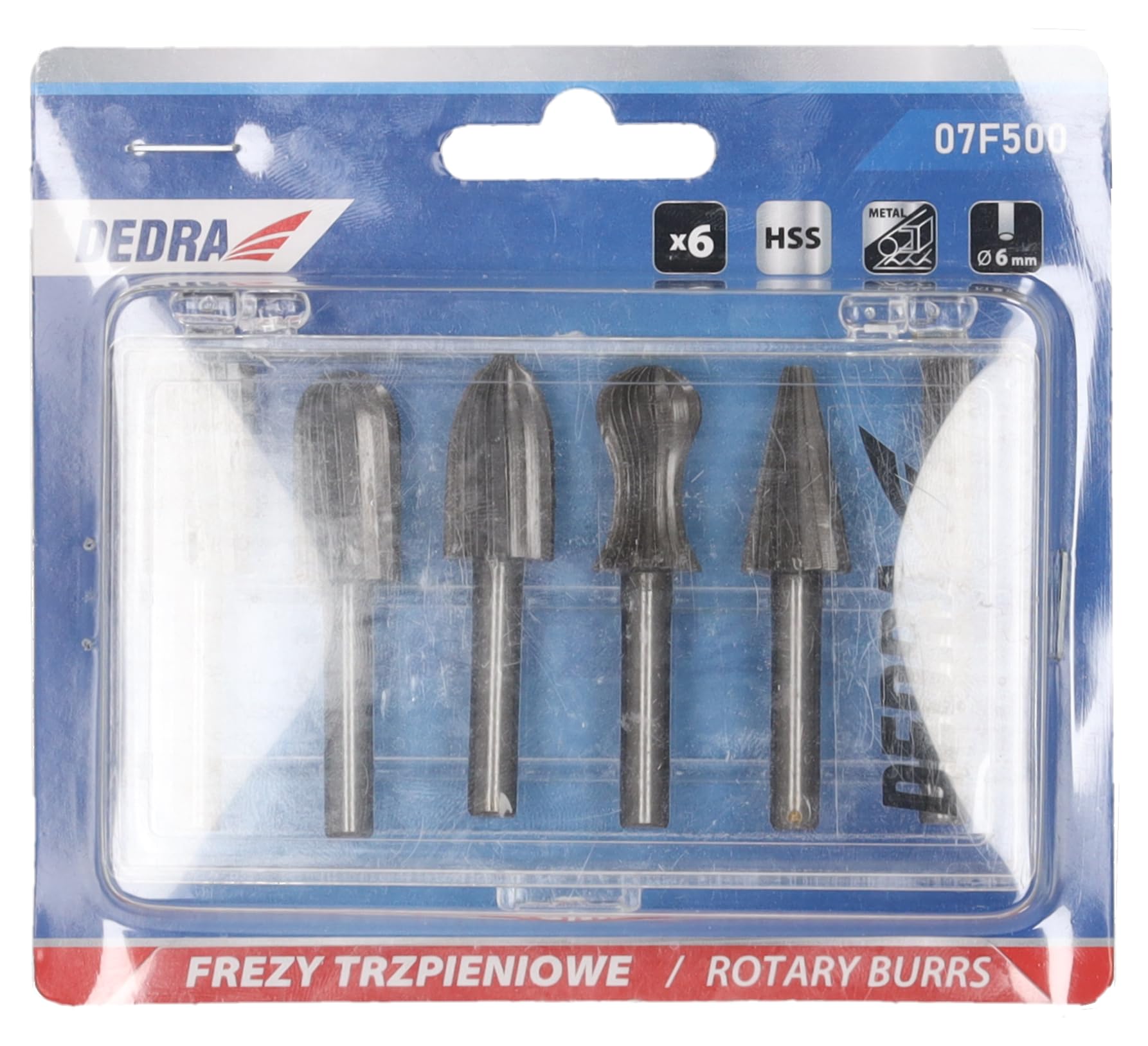 DEDRA Zestaw 6 trzpieni frezarskich HSS, do aluminium, metali nieżelaznych, tworzywa sztucznego i drewna, średnica trzpienia 6 mm, nadaje się do szlifierek prostych