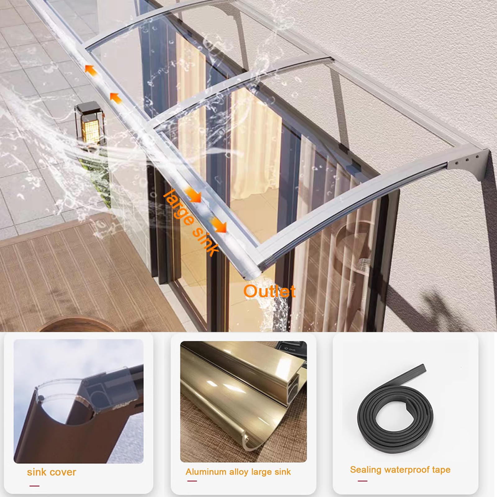 Pensilina Tettoia per Porta Balcone Esterno,Tenda da Veranda Pensilina in Policarbonato e Alluminio,Tettoia modulabile Protezione da Pioggia UV Esterna,Larghezza da 65 a 150 cm (65x230cm/26"x91")