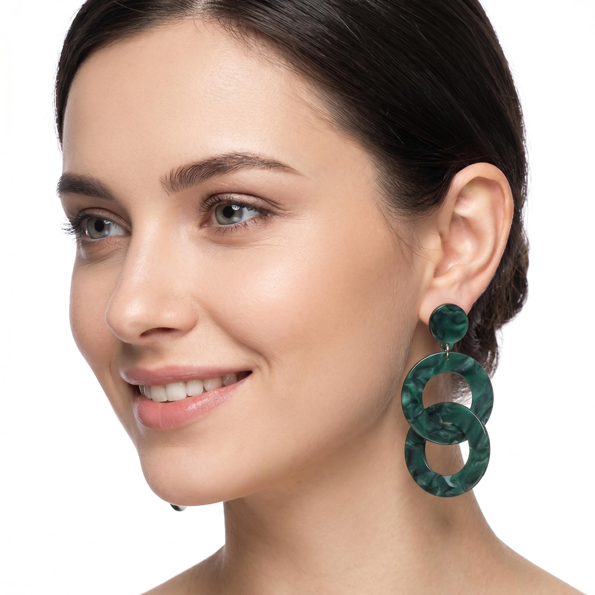 Pendientes de gota de acrílico verde oscuro de doble círculo/70 mm de largo, talla única, Plástico