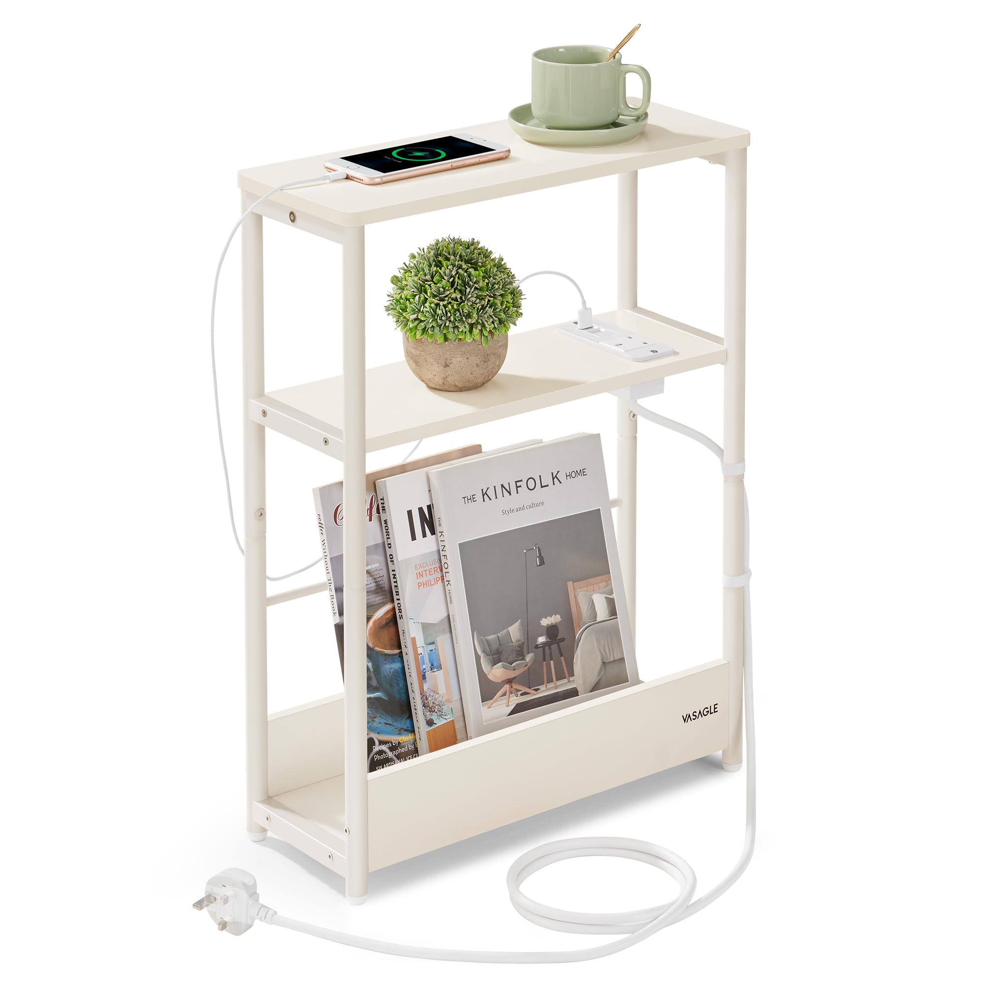 VASAGLE Slim Side Table with Charging Station, 3-Tier Narrow Bedside Table, End Table for Small Spaces, Magazine Rack, for Living Room, Bedroom, Study, Cream White LET335W03