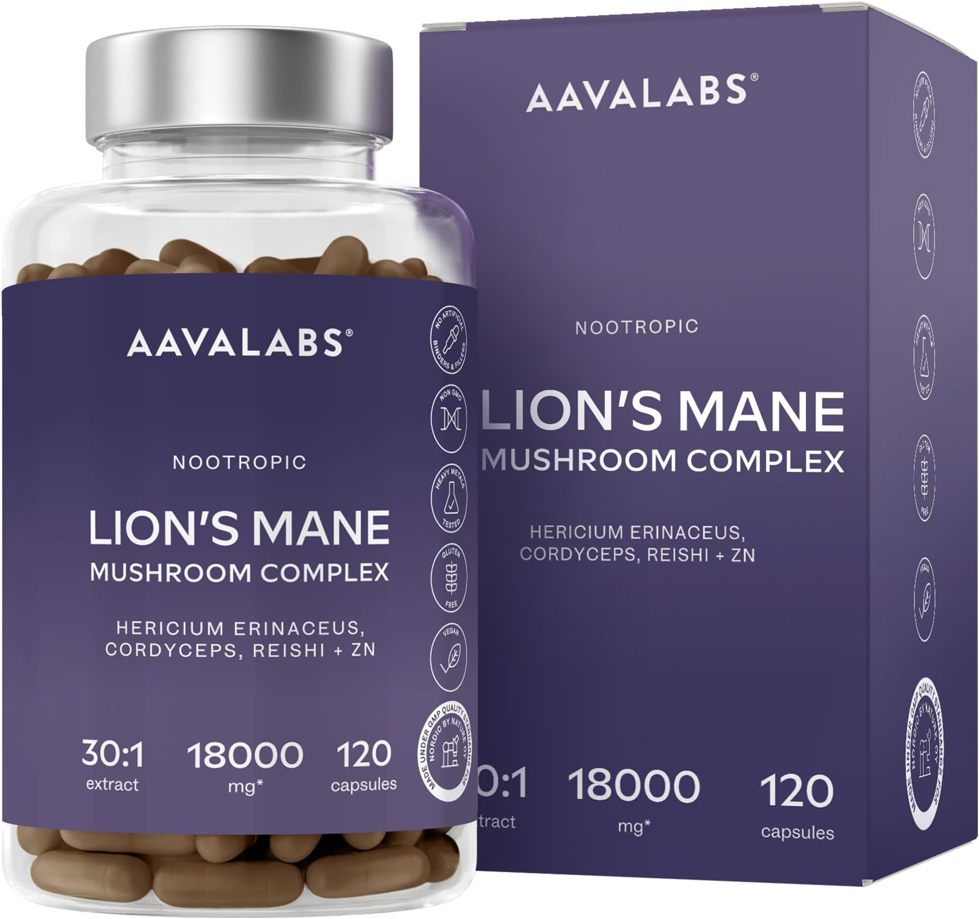 Lions Mane 18000mg 30:1 with Cordyceps Sinensis, Reishi Ganoderma and Zinc | Leon's Mane Mushroom Hericium Erinaceus Powerful Nootropic Memory and Concentration Mushroom Complex - 120 Capsules