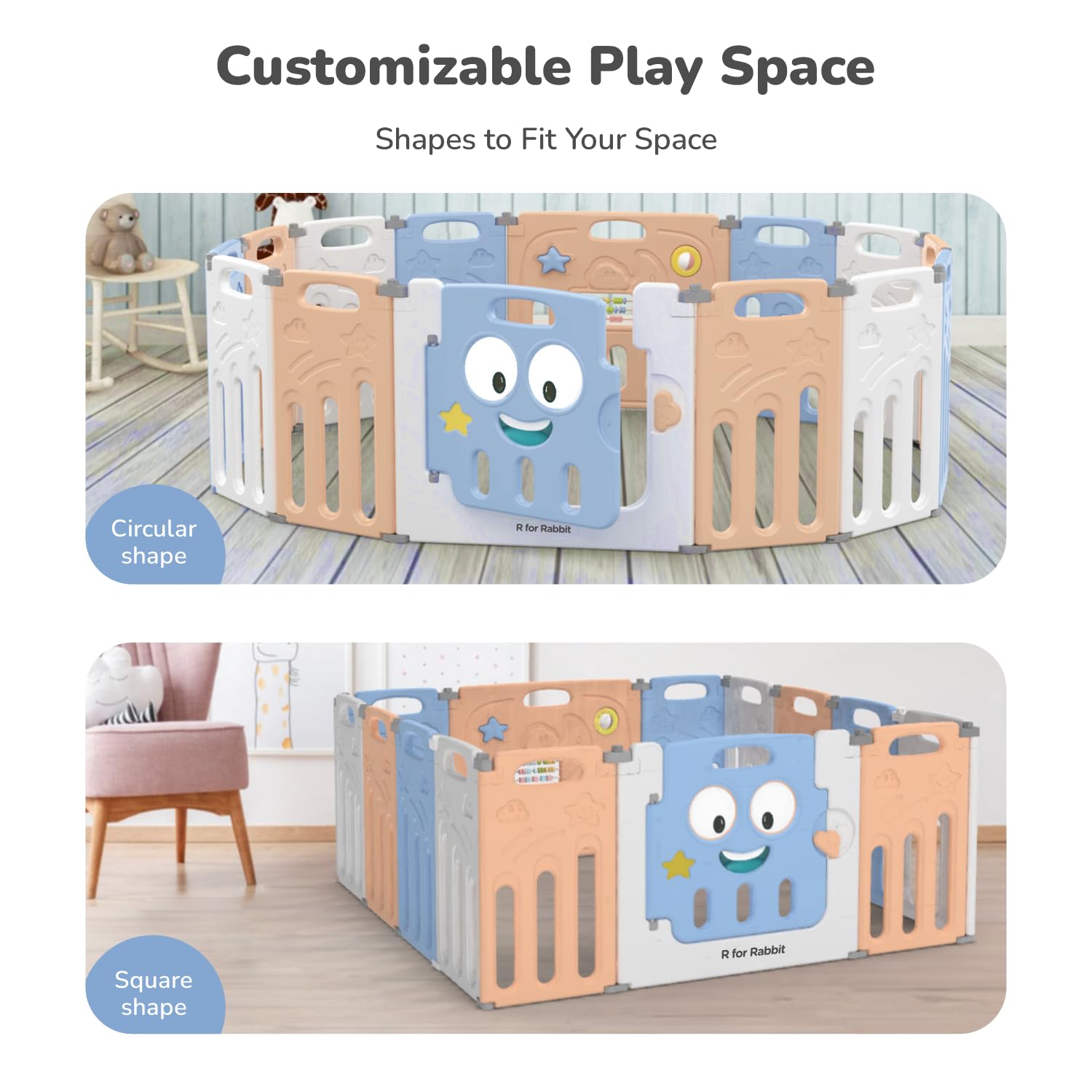R for Rabbit Joyland Playard Playpen for Kids 14 Panel Play Yard with Compact Fold, Customizable Shape, 22.6 sqft Area Safe & Fun Play Fence Space with Door for 6-36 Month Babies (Orange)