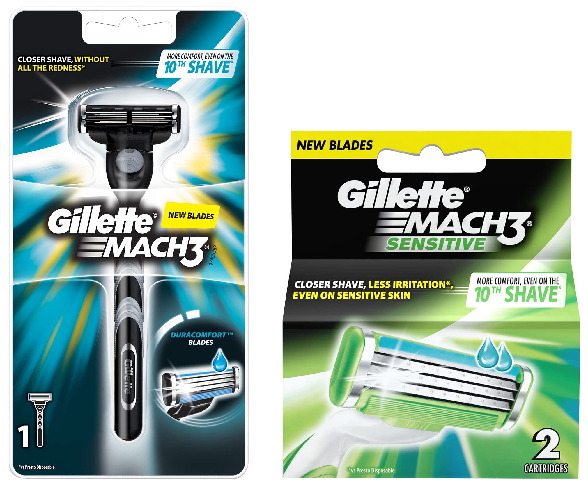 Gillette Men Mach 3 Sensitive Manual Shaving Razor Blades - 2S Pack (Cartridge) & Mach3 New Blade 1 Count