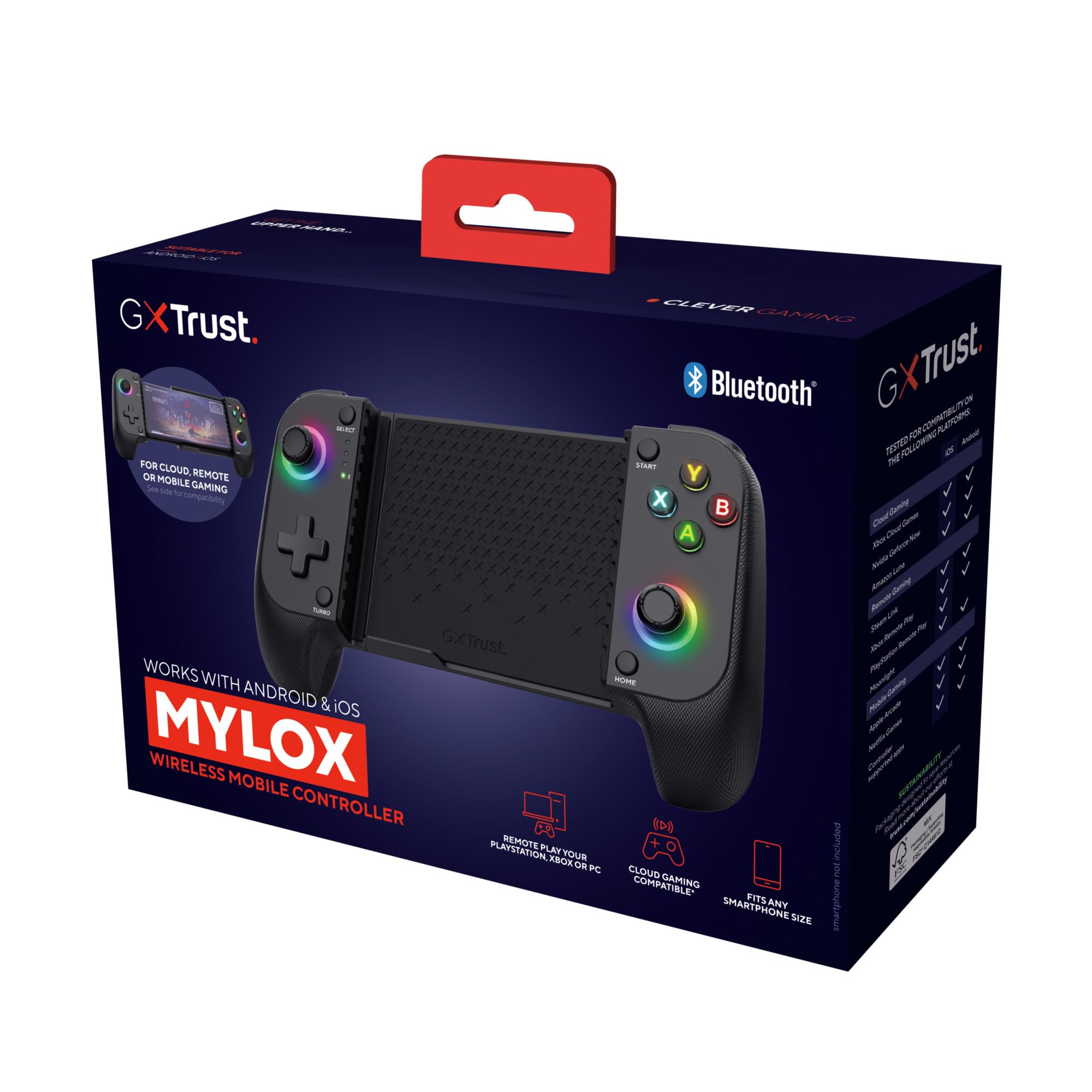 GXTrust Trust GXT 735 Mylox Manette pour Telephone Portable Bluetooth pour Android/Iphone / PS5 / Xbox/Mobile, 12h d'Autonomie, Double Vibration, Ėclairage RGB, Manette Smartphone Sans Fil, Noir