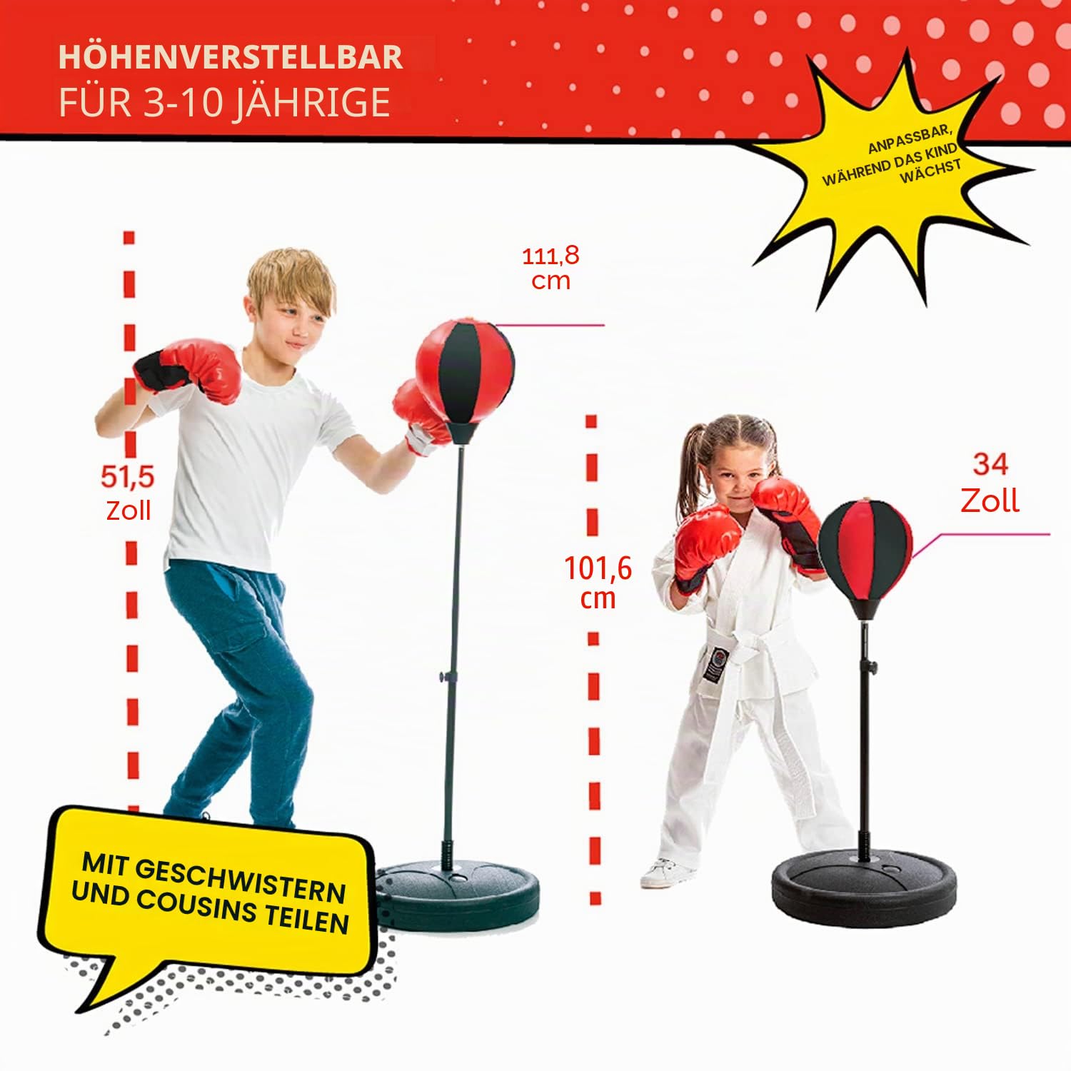 Whoobli Boxball für Kinder inkl. Boxhandschuhe, 3 - 10 Jahre, verstellbarer Kinder-Boxball mit Ständer, Boxball-Set Spielzeug für Jungen und Mädchen (Rot-Weiß)