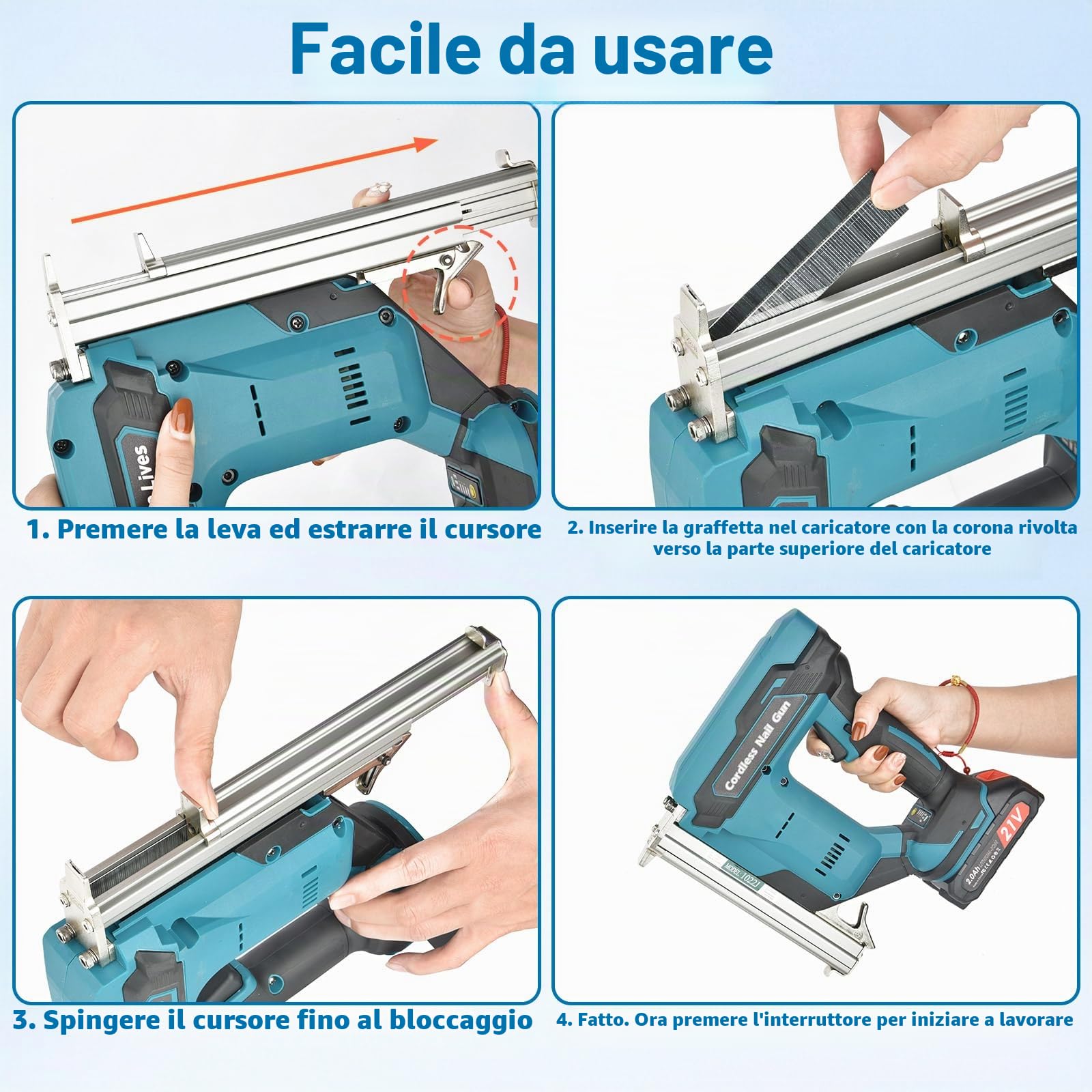 Pistola sparachiodi a Batteria, chiodatrice con 2 batterie da 2000 mAh e 6000 clip, pinzatrice elettrica Come fissabulloni al Minuto, Include 6000 Chiodi, 2 batterie per Legno Duro e tenero