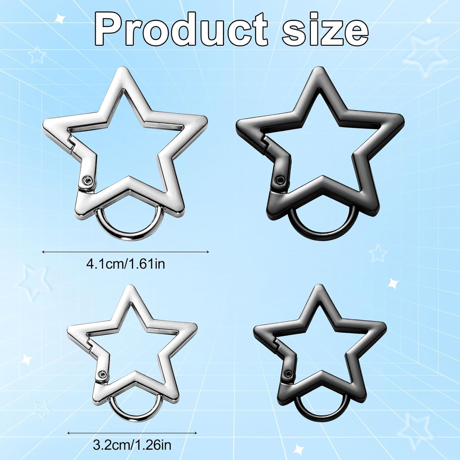 4pcs Star Carabiner, 1.61in & 1.26in Zinc Alloy Cool Cute Star Shaped Carabiner Clip Fashionable Pentagram Carabiner Keychain for Keys Ring Camping Outdoor Travel(Black, Silver) - Image 2