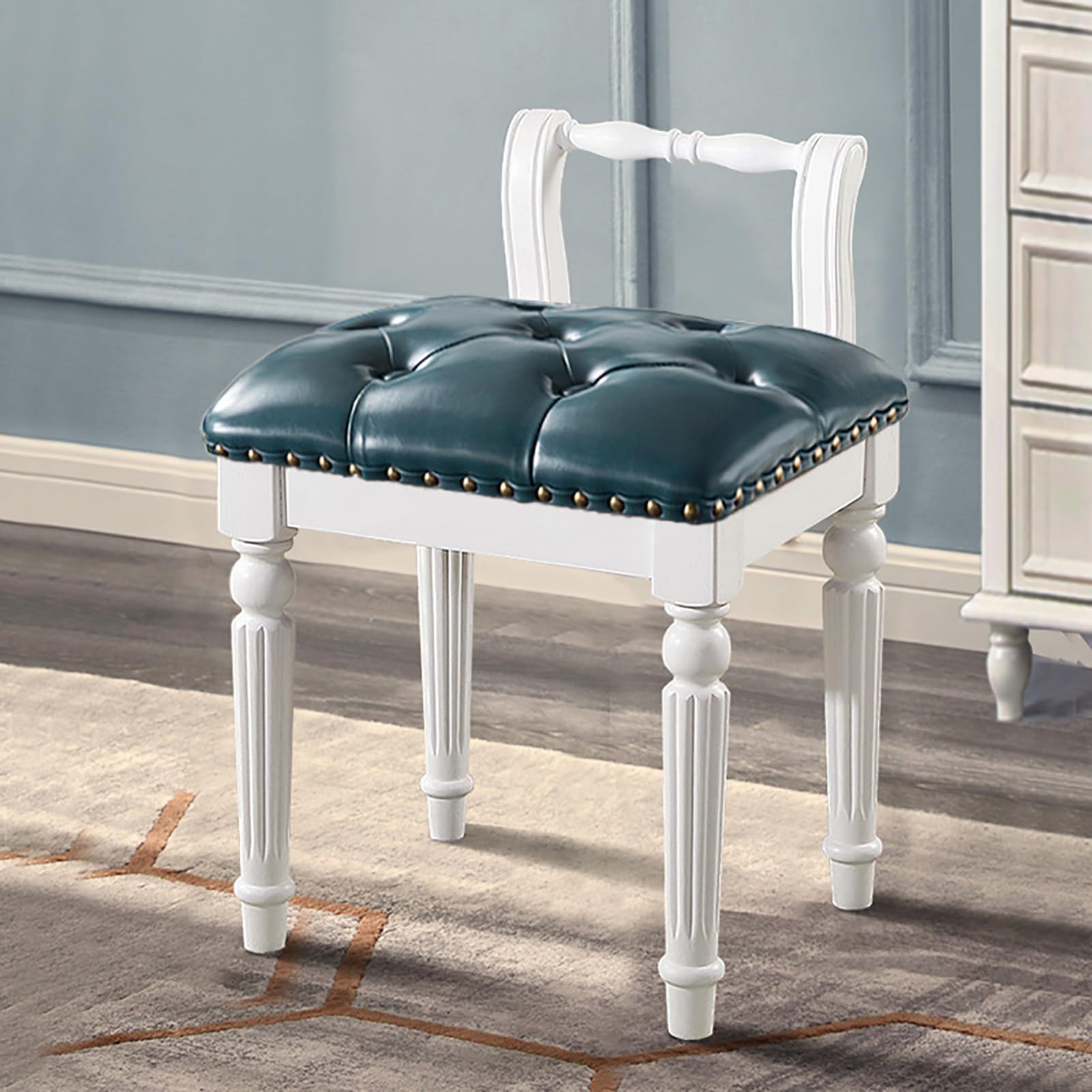 GHFXSCV PU Leather Makeup Stool with Cushion, Vintage Wooden Leg Footrest, Upholstered Entryway Bench, Perfect for Bedroom & Living Room, Compact Size (35 x 40 x 45 cm)
