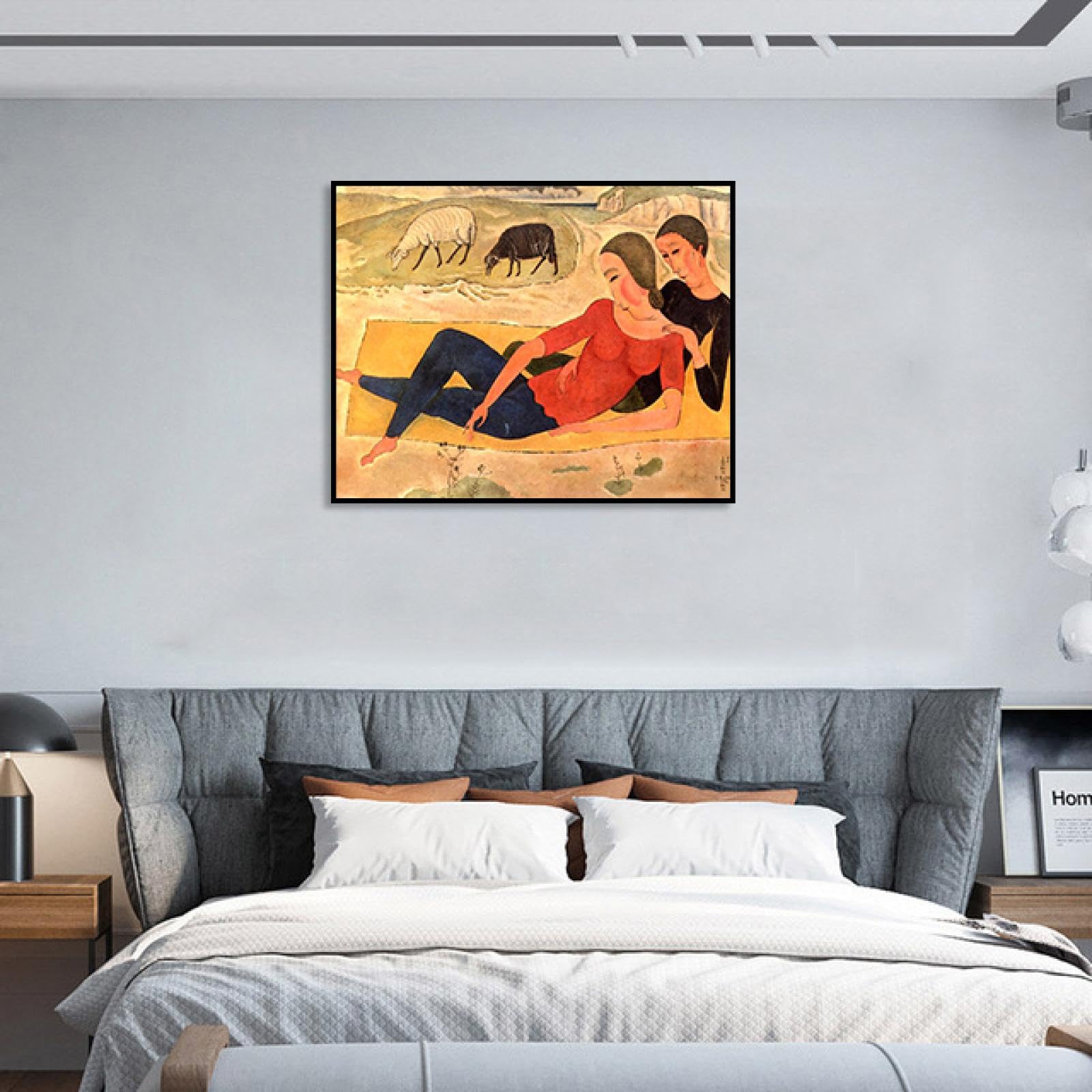 LXURY Famoso dipinto pronto da appendere Incorniciato- Giovane coppia sotto le scogliere Stampe su tela Riproduzioni Immagine artistica da parete per la decorazione domestica 40x50 cm Cornice Nera