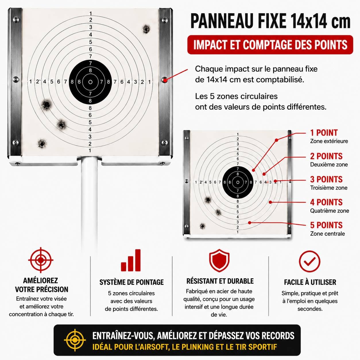 Cible Métallique Mobile avec 8 Cibles Rotatives et Panneau Fixe 14 x 14 cm – pour Tir Sportif à Air Comprimé et Airsoft – Entraînement de Précision et de Vitesse – Robuste et Polyvalente