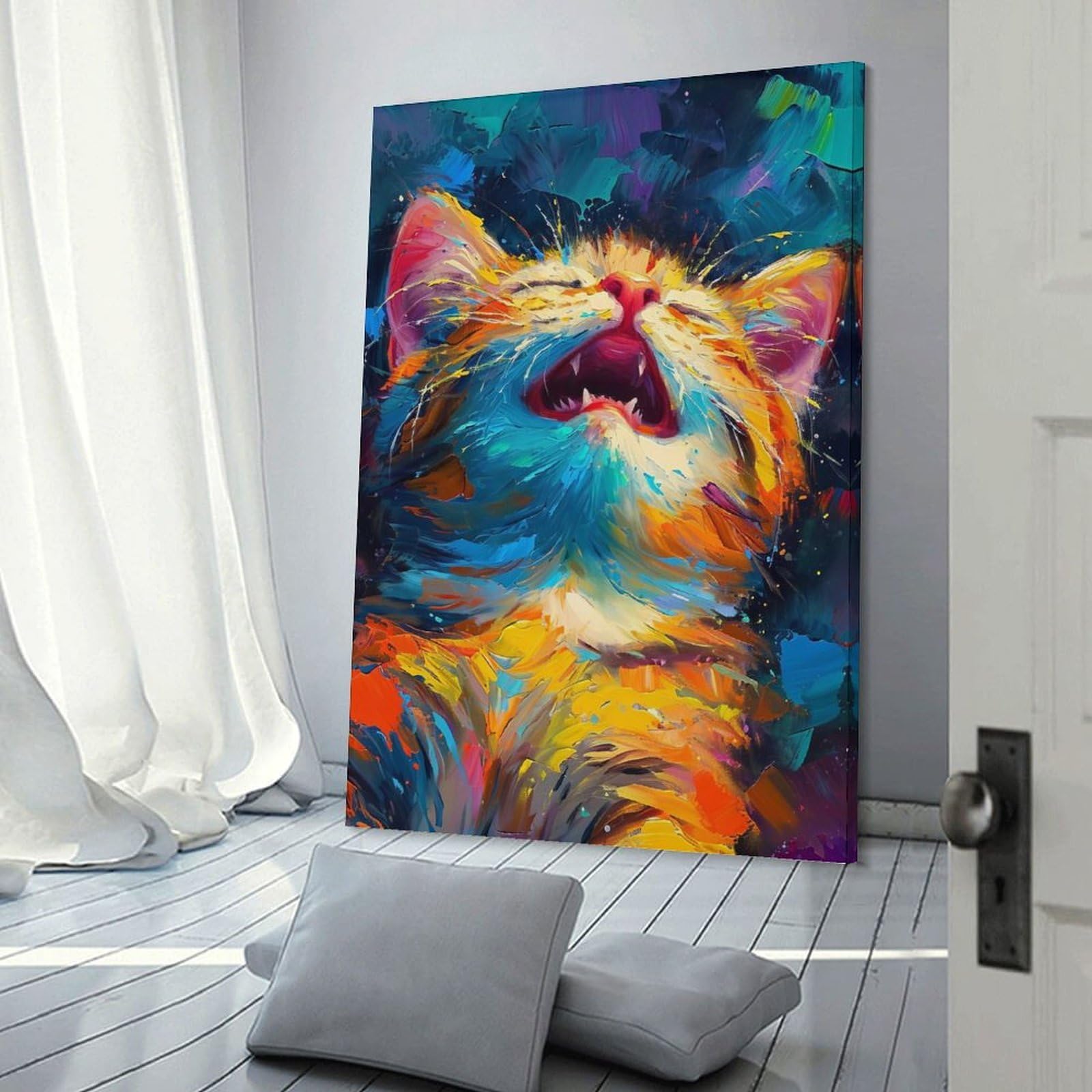 Junmoney Frame-Style-2 Colorful Cat Yawning Painting Room Decor Wall Art 20X30inch(50X75cm), For Entrance Walls, Hall Decor Or Foyers, A Neat Decor Update For Hallways