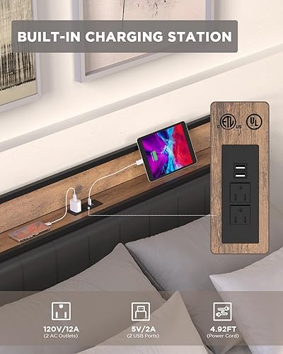 Miniatura 3 de BUCOTOD Base de cama con cabecera de almacenamiento, estación de carga integrada, fácil montaje, sin ruido, diseño antideslizante, resistente y