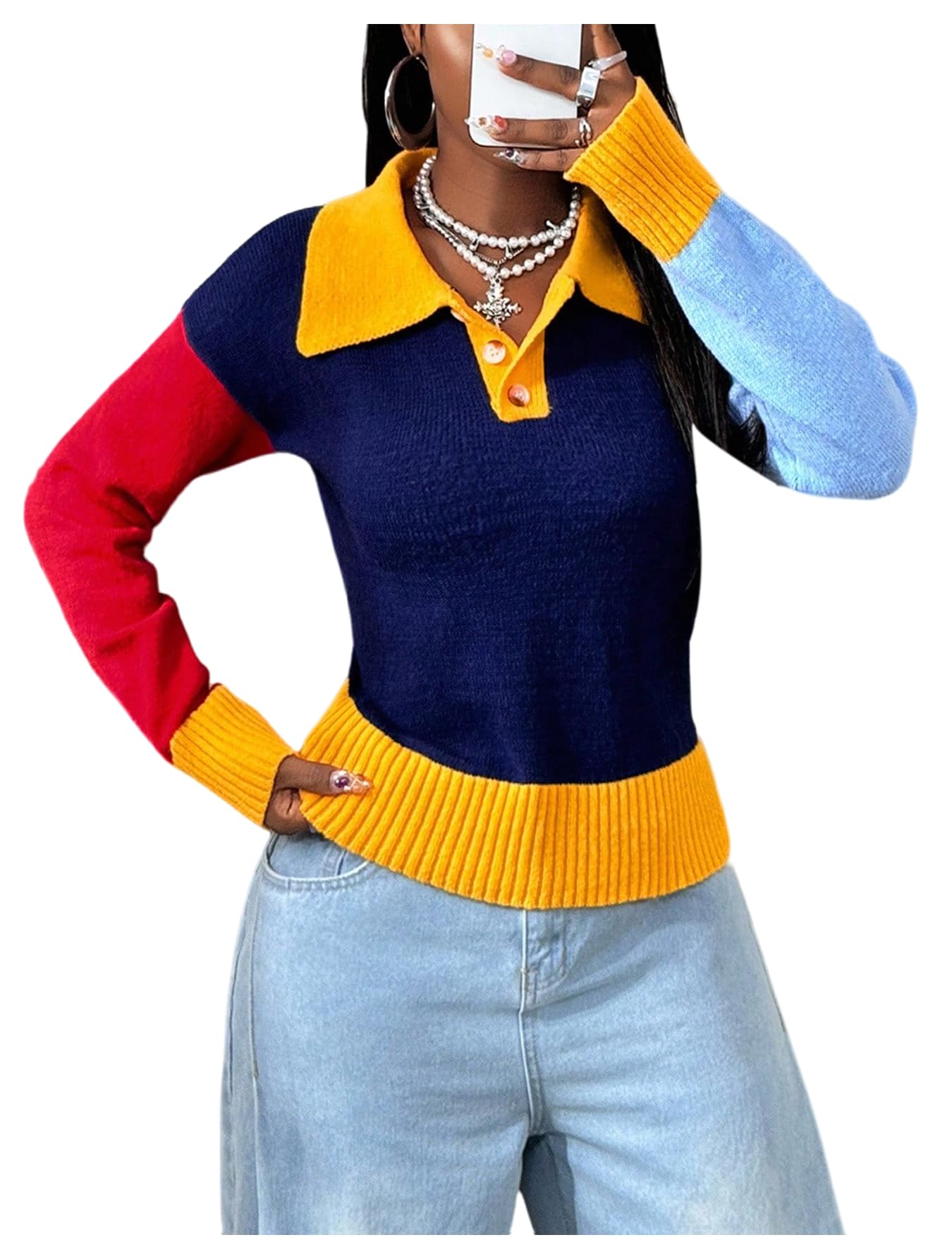 MakeMeChic Womens Color Block Sweater Button Long Sleeve Collared Fitted Lightweight Pullovers