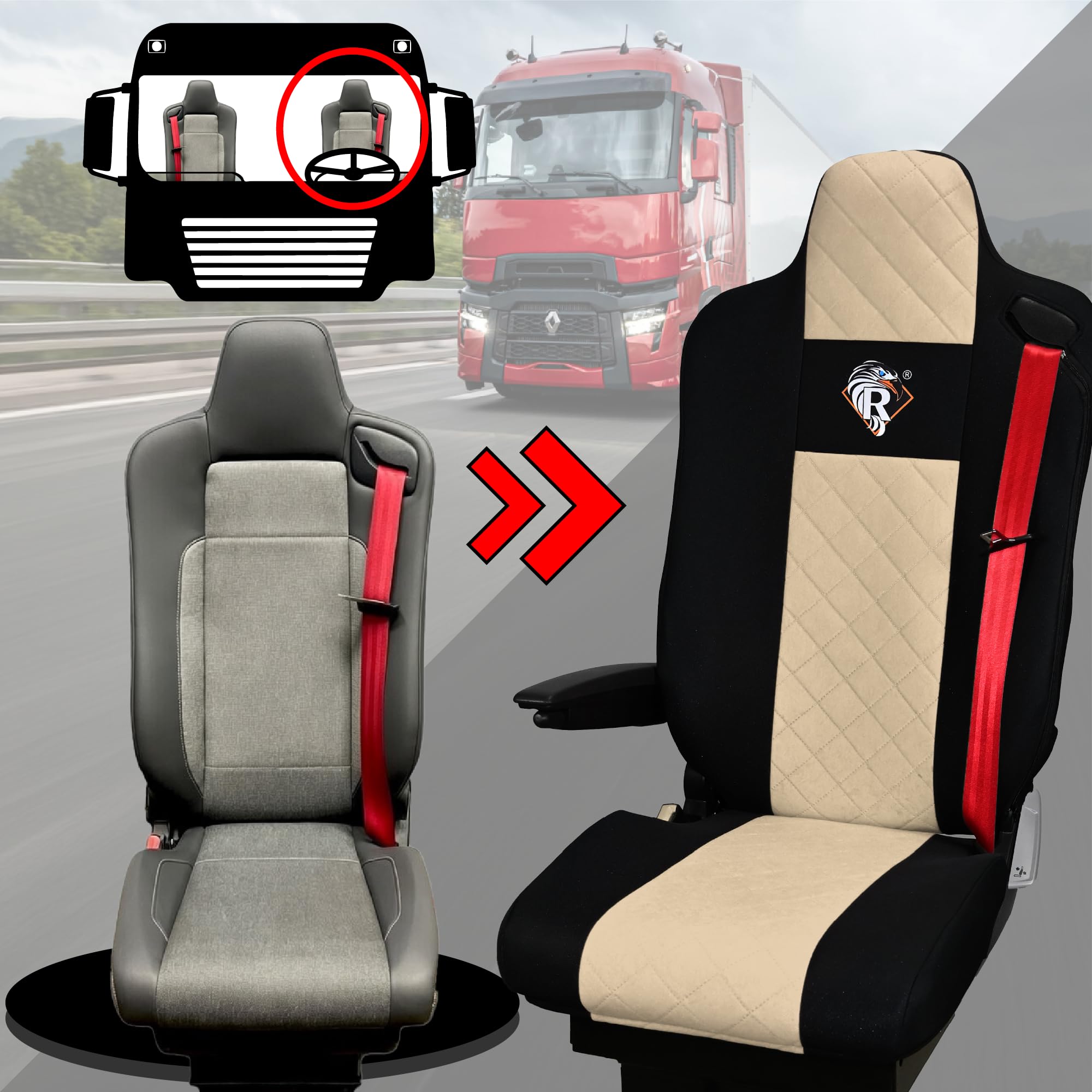 SABA Funda de Asiento para Renault Serie T Desde 2014, Asiento del Pasajero, 2 Cinturones de Seguridad Beige Accesorios de protección para Asientos de Camiones