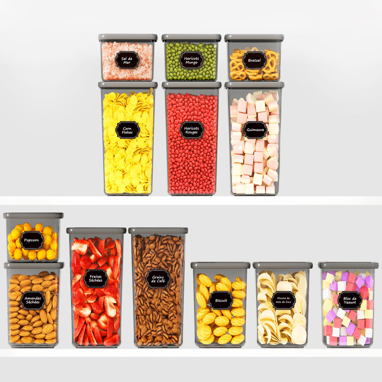 Boite Rangement Cuisine Lot de 12, Boite Hermetique Alimentaire, Boite Conservation Alimentaire en Plastique avec couvercles pour Céréales, Farine et Aliments Secs