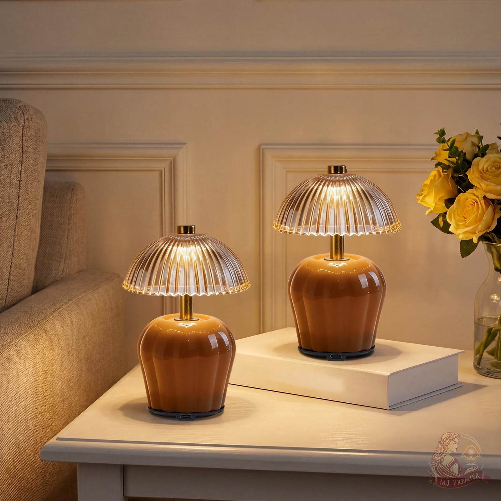 MJ PREMIER Rechargeable Table Lamp, Cordless Lamp with Timer, Mini Glass Mushroom Lampshade, Small Table Lamps, Decorative Led Light for Bedroom Living Room Shelf (Brown*2)