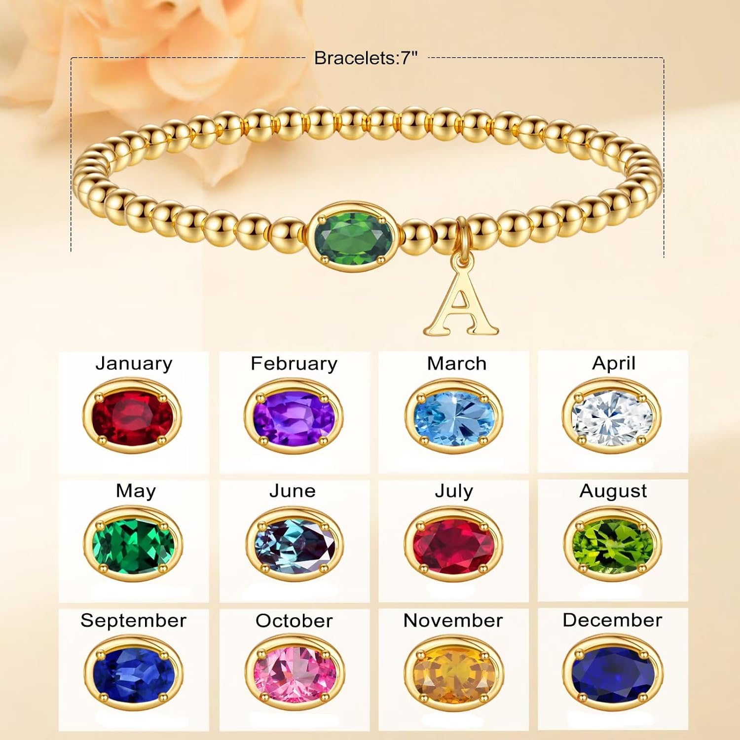 M MOOHAM Initial Birthstone Bracelets for Women Girls - Stretch 14K-Gold-Plated Beaded Bracelets Birthstone Bracelet Jewelry Birthday Gifts for Women Kids Teen Girls