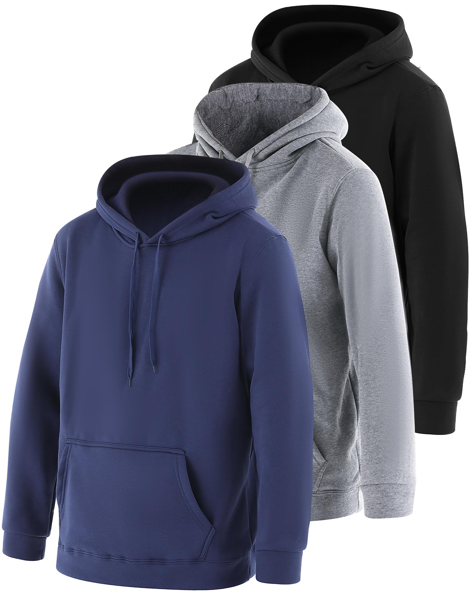 3 Pack Men's Lightweight Fleece Pullover Hoodie Long Sleeve Sweatshirt with Pockets for Men