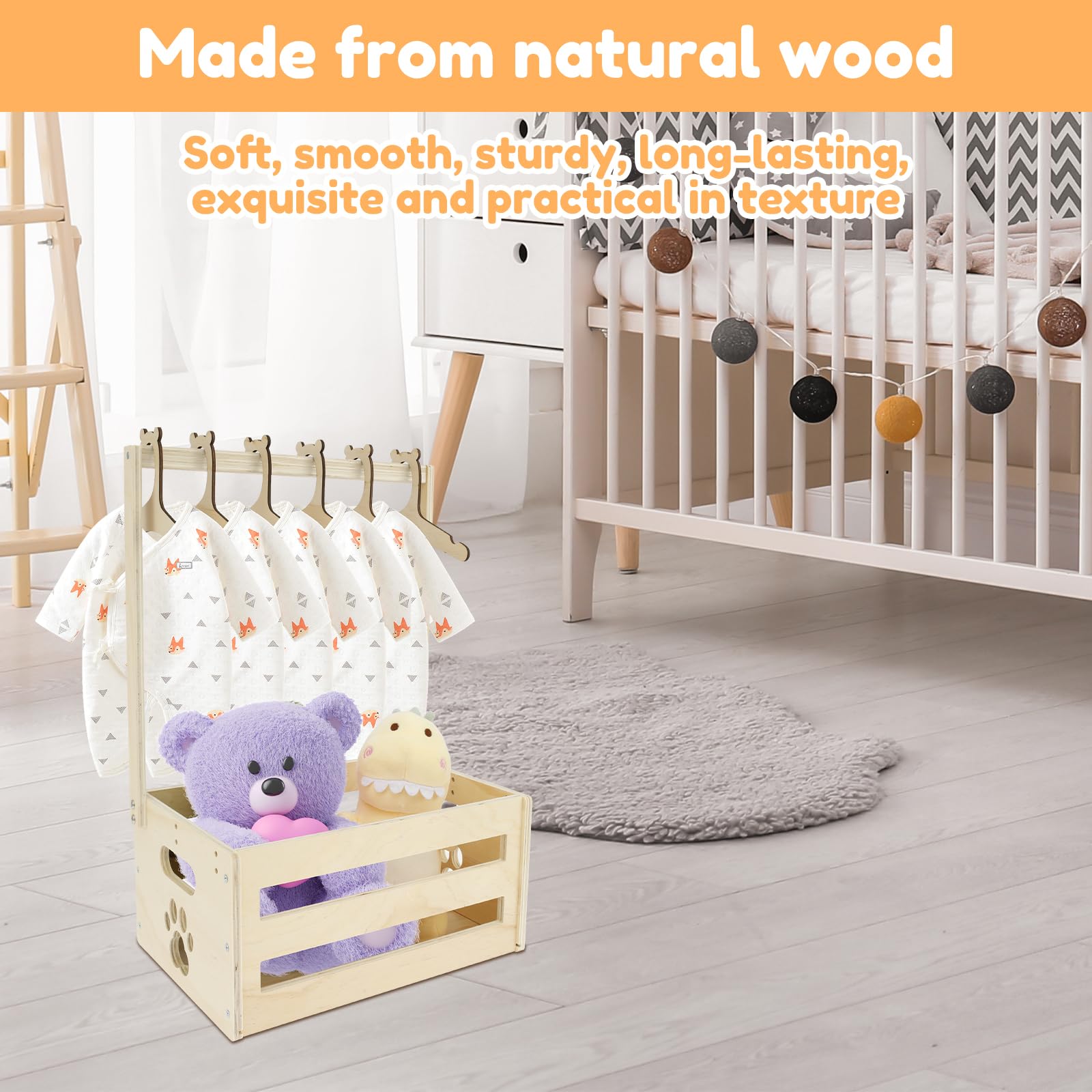 PATNFR Baby Shower Crate Closet, Wooden Baby Shower Basket with Handle and 6 Hangers - Image 4