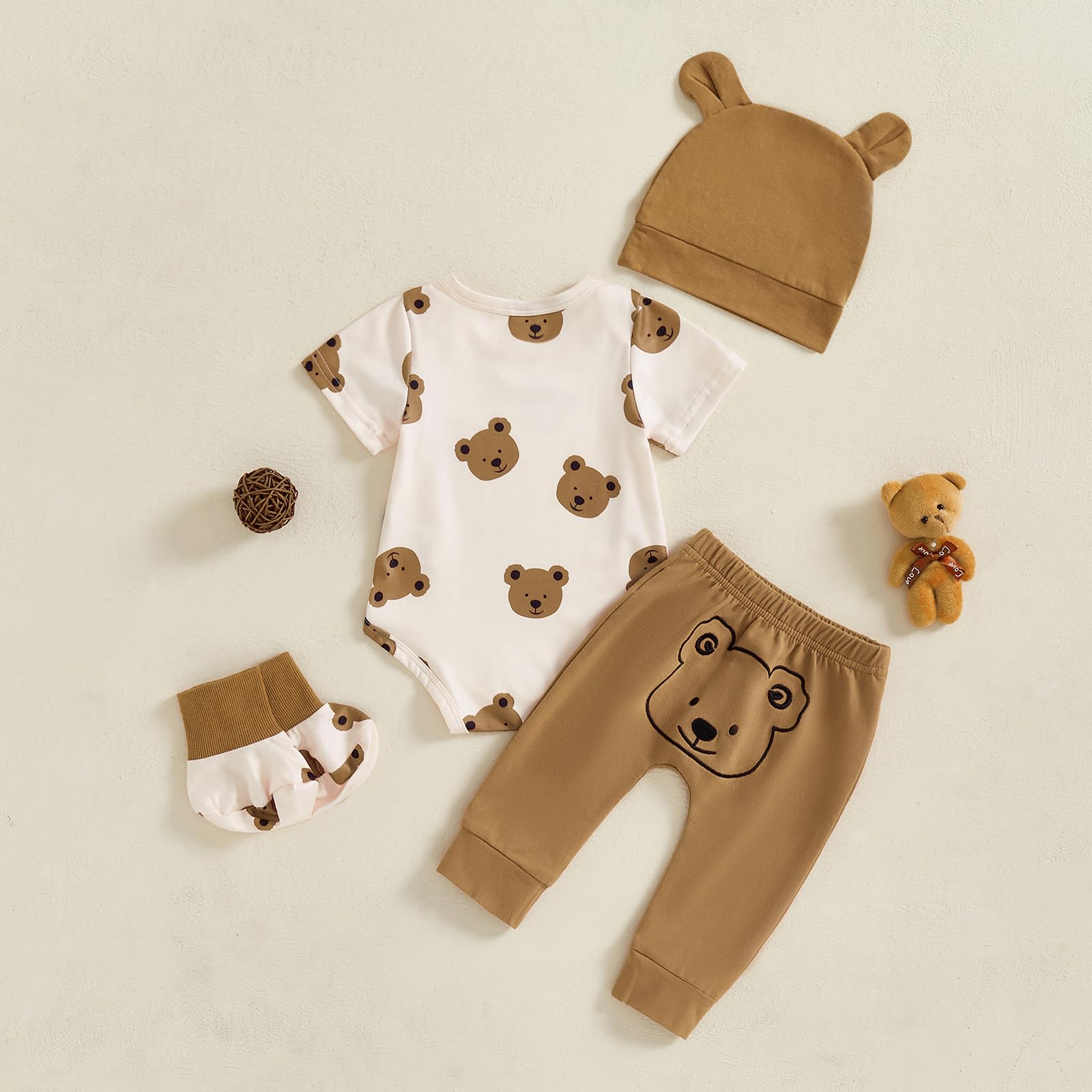 Nouveau-né Come Home Vêtements Bébé Garçon Imprimé Ours Manches Courtes Barboteuse Pantalon Long Chapeau Chaussures Ensemble 4pcs Bébé Garçon Tenues D'été