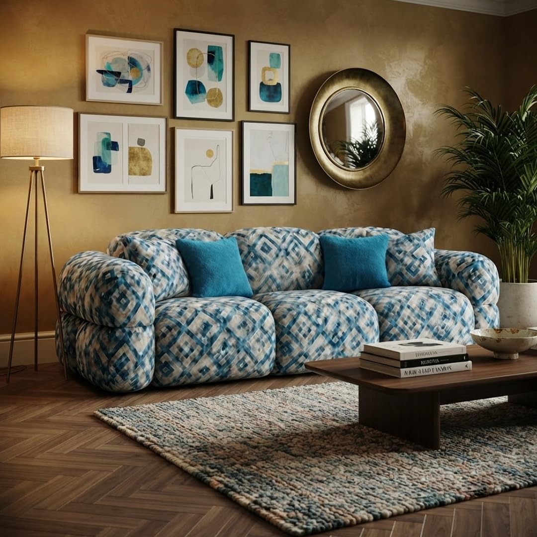 Luxury Aurelle 3 Seater Bubble Cloud Sofa Set for Living Room | Tapestry Mosaic Fabric Upholstered | Modern Cushioned Comfortable Couch for Home Office & Drawing Room | Lagoon Blue-image-42