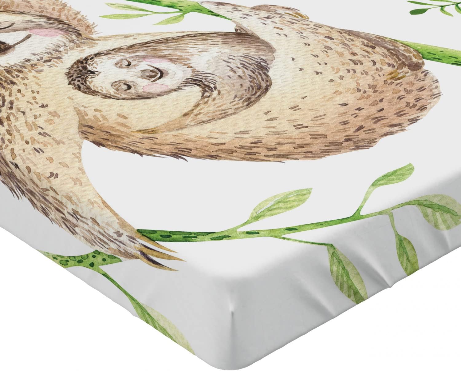 Ambesonne Sloth 2 Pack Fitted Sheet, Happy Family Boho Style, Bed Cover All-Round Elastic Deep Pockets 2 Pieces, Package Contains 2 Queen Size Fitted Sheets, Pale Brown Green