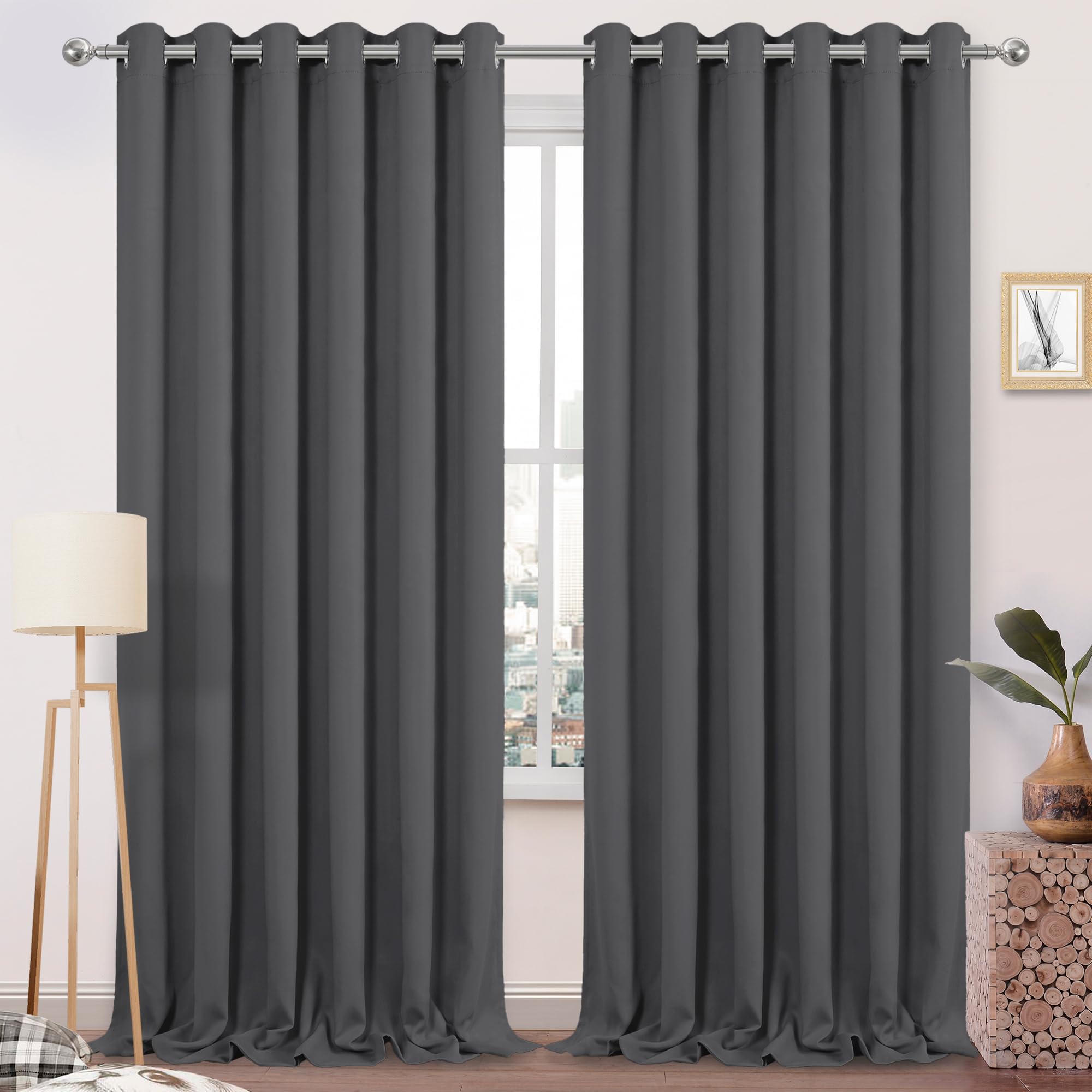 DWCN Blackout Curtains for Bedroom, Thermal Room Darkening Curtain Drapes for Living Room, Grommet Solid Light Blocking Panels - W80 x L96 Inch, Set of 2, Dark Grey — image 1
