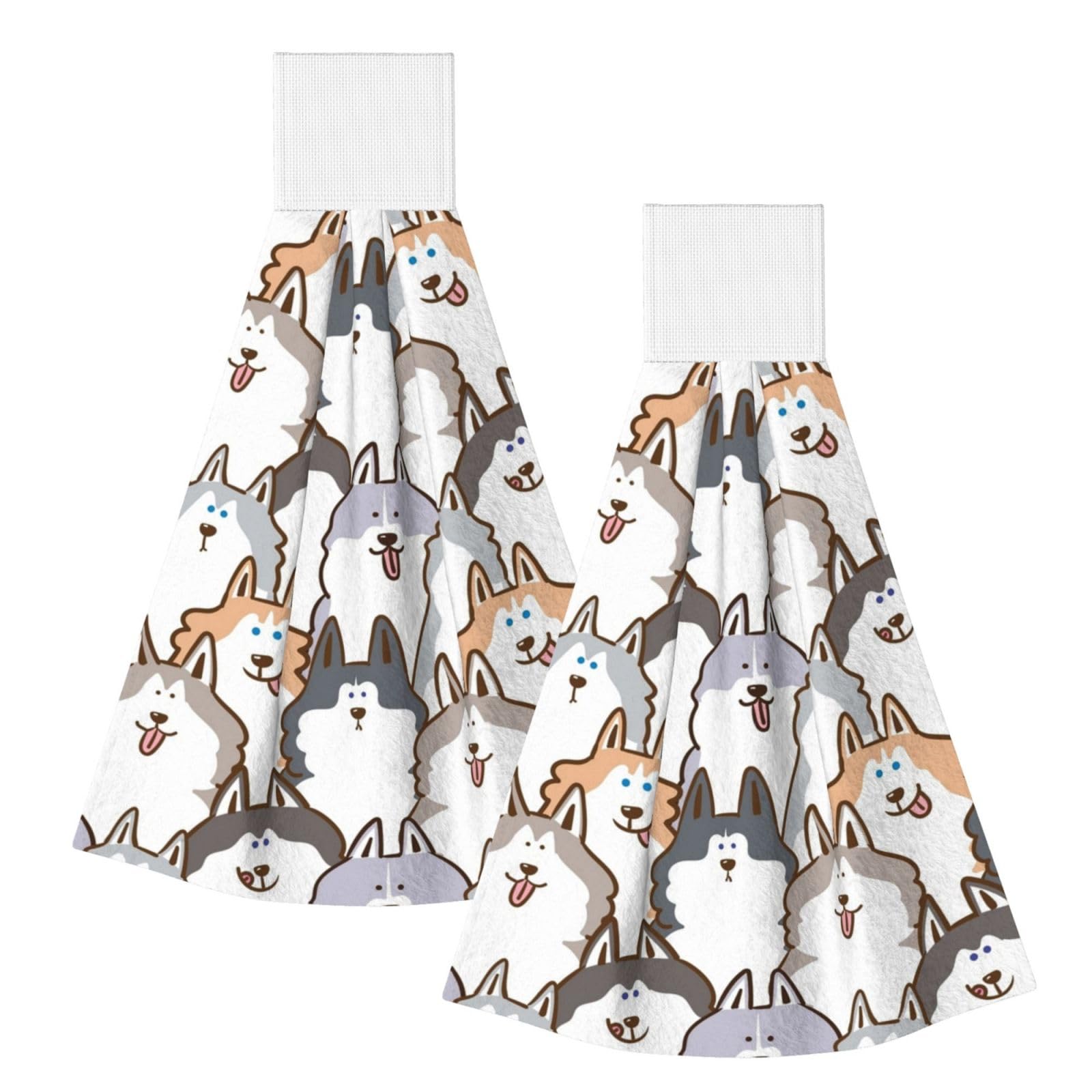 DOPKLNA Cartoon Siberian Husky Dog, 2 Pcs Hanging Coral Fiber Hand Towels for Bathroom, Absorbent Kitchen Towels