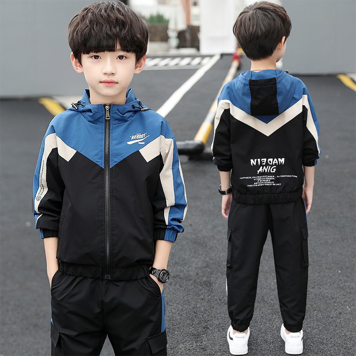 linboo Survêtement de sport pour enfant garçon - 2 pièces - Ensemble de vêtements de jogging - Combinaison de sport - Manches longues - Veste de survêtement avec capuche et pantalon de sport