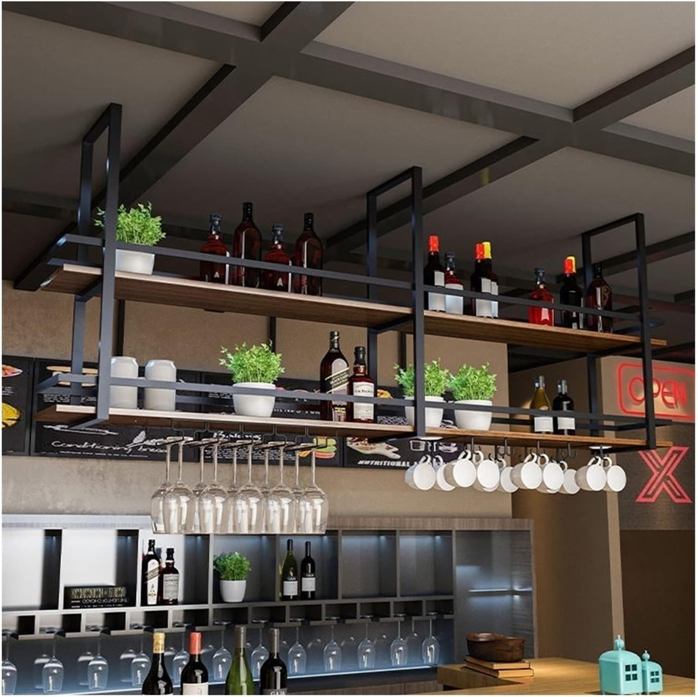 Ceiling Wine Glass Holder - Indoor Hanging Plant Stand, Upside Down Kitchen Decorative Storage Rack, LOFT Wall Mounted Wine Rack, Bar/Hotel/Restaurant Display Rack, Bearing 70kg Full Moon (1
