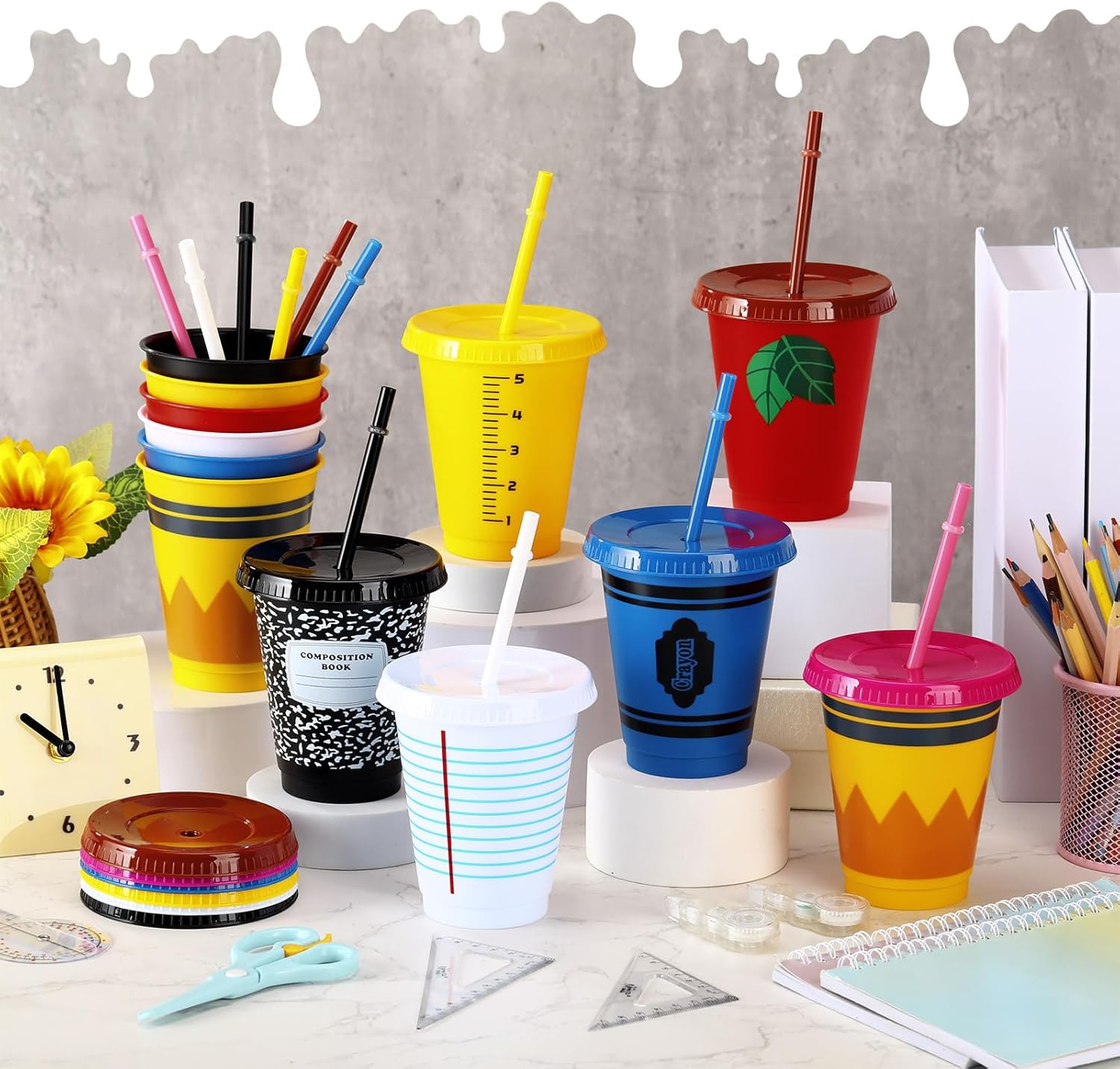 Rtteri 12 Pcs Teacher Appreciation Gifts Cups Teacher Valentine Gifts Bulk Reusable 16 oz Plastic Coffee Cups in Bulk Reusable Appreciation Tumblers with Lids and Straws - Image 4