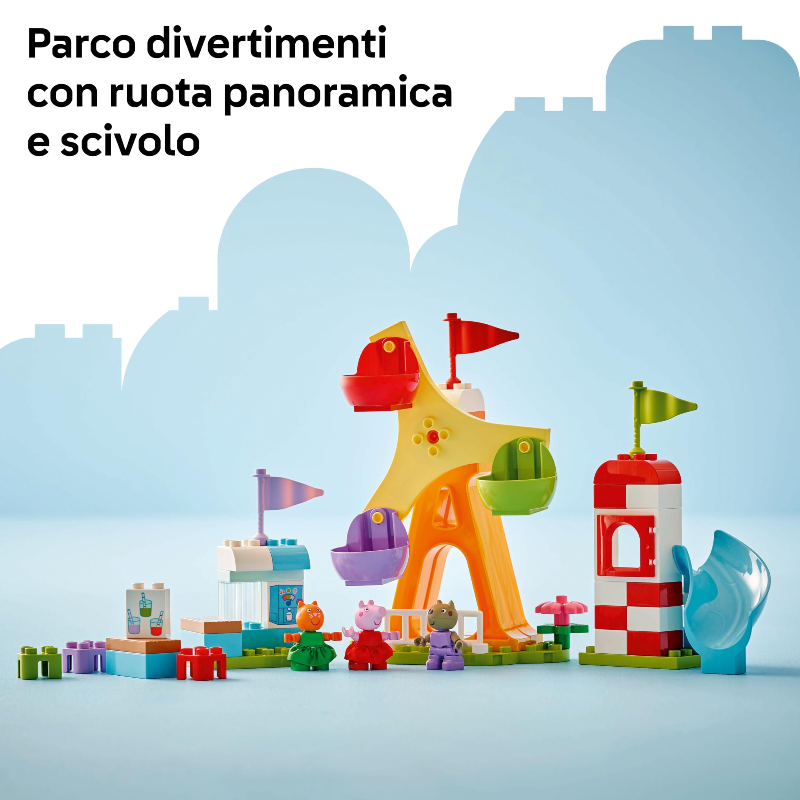 LEGO DUPLO Peppa Pig Luna Park - Gioco per la Motricità Fine per Bambini da 2 Anni - Ruota Panoramica, Scivolo, Bar e 3 Figure tra cui Candy Gatto e Danny Cane - Attività per Sviluppo Precoce - 10453