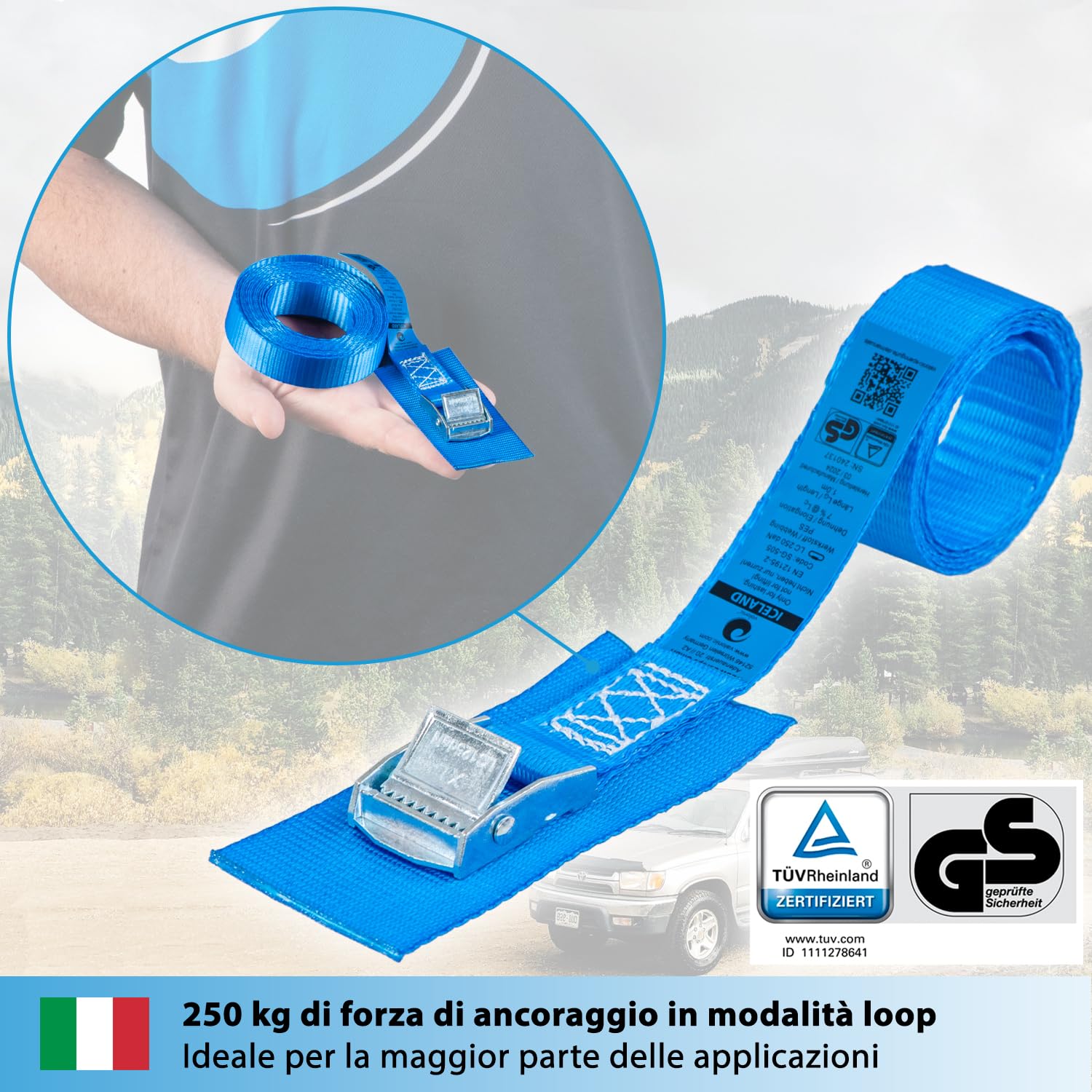2 Cinghie Con Cricchetto Valonic WOLF – 4 M X 25 Mm, 800 Kg, TÜV GS Con Imbottitura