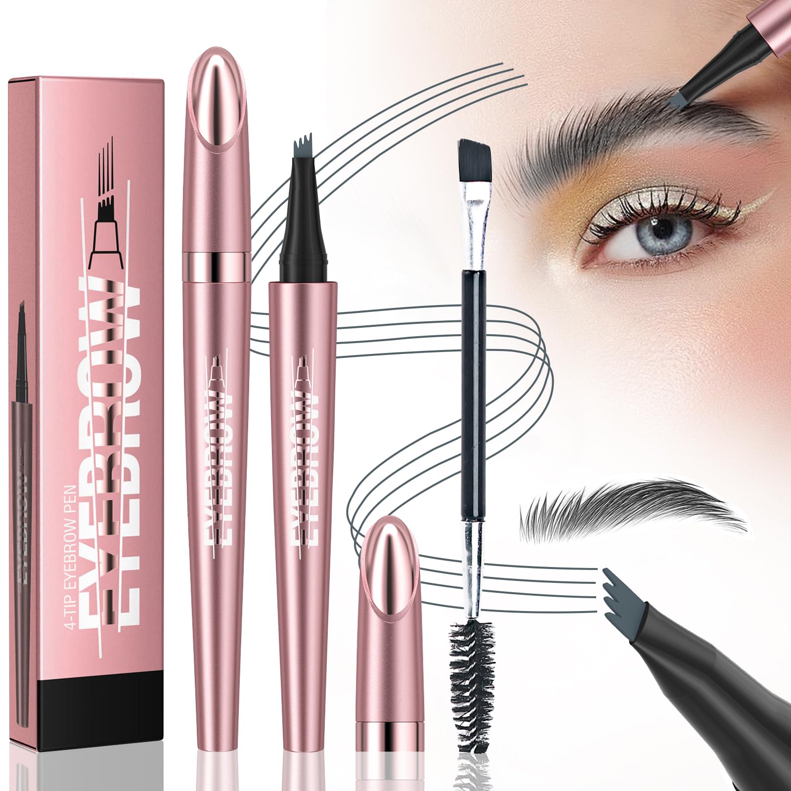 Ledeak Eyebrow Pencil, 3D Waterproof Microblading Eyebrow Pen with 4 Fork Tip, Magic Smudgeproof Eye Brow Pencil