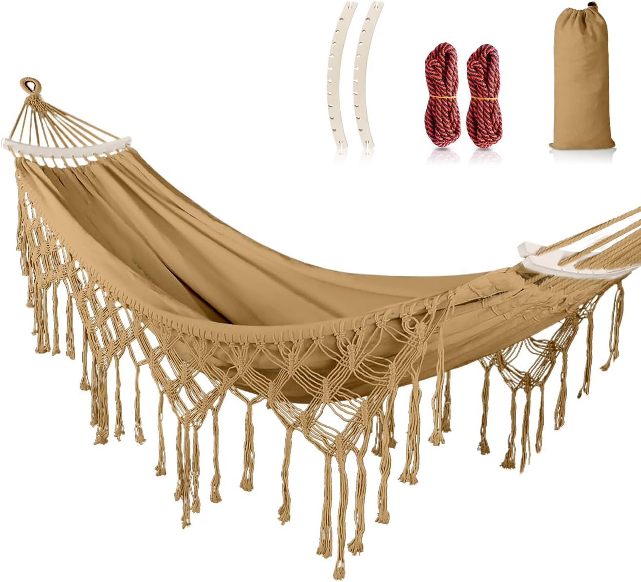 Backyard Hammock with Tassels Max 500lbs Canvas Fabric Bohemian Style with Thickened Rope and Carry Bag for Outdoor, Garden, Patio, Wedding Decor (Khaki)