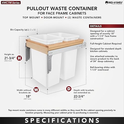 Miniatura 4 de Rev-A-Shelf 4WCTM-2150DM-2 - Contenedor de basura extraíble de doble 50 cuartos de galón para armario de marco frontal de 18 pulgadas de ancho color