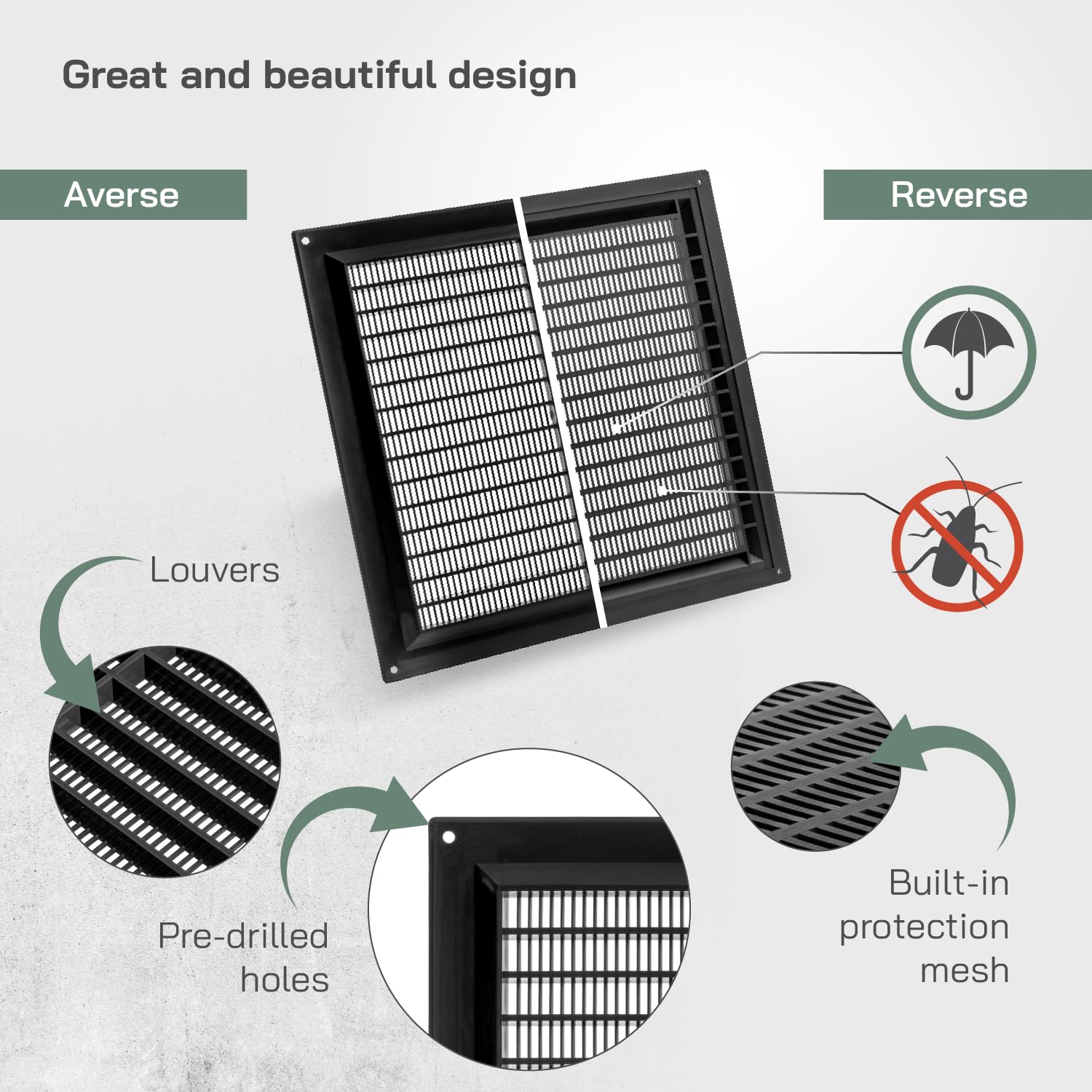 Vent Systems 250 x 250 mm / 10" x 10" Inch Square Plastic Air Vent Cover, Louvered Wall Grille with Insect Mesh - Image 3