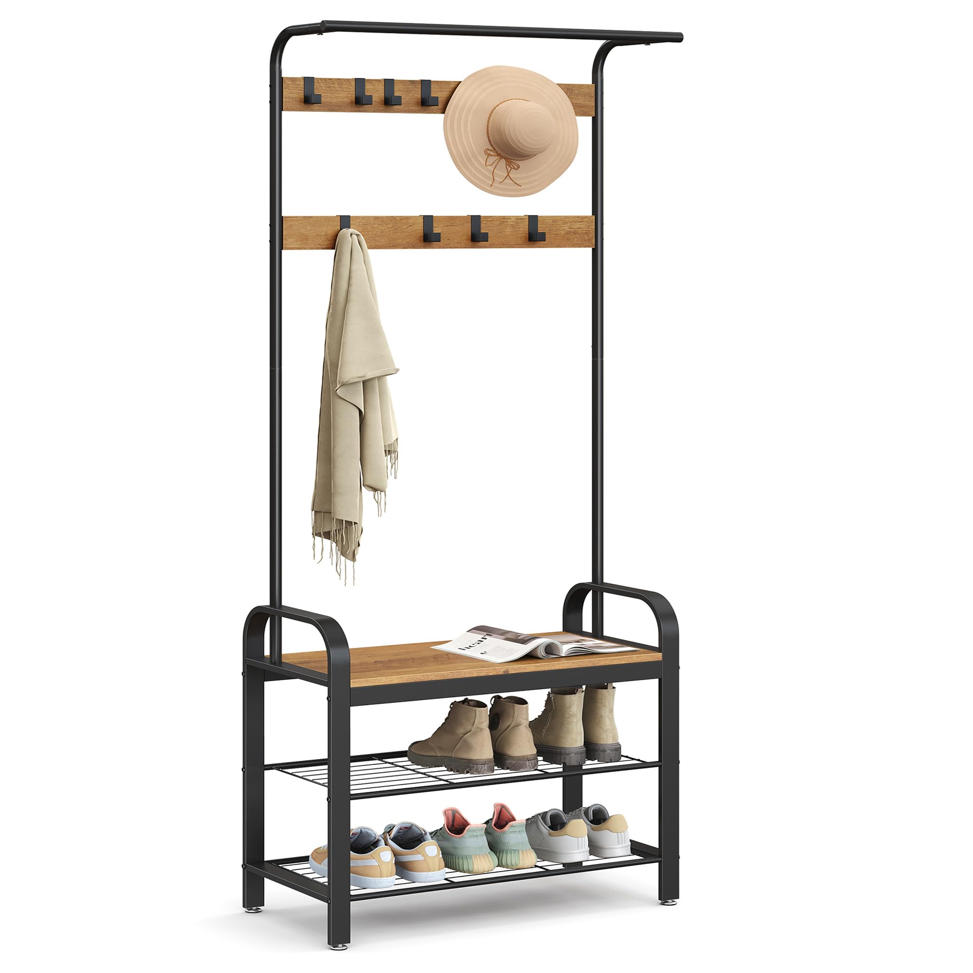 VASAGLE Coat Rack, Coat Stand with Shoe Storage Bench, 4-in-1 Design, with 9 Removable Hooks, a Clothes Rail, for Hallway, Entrance, 33.7 x 72 x 183 cm, Industrial, Rustic Walnut and Black HSR040B41