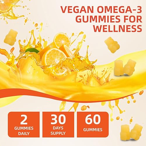 Miniatura 8 de Paquete de 2 gomitas Omega-3 veganas de 1200 mg, ácidos grasos omega-3 EPA y DHA con folato, vitamina A, vitaminas C y E, suplementos de Omega 3 de