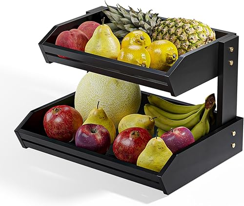 HOLANA Frutero de madera de acacia  Frutero de 2 niveles para encimera de cocina, extra grande de 16 x 12.5 x 18 pulgadas, Fruteros para Cocina,