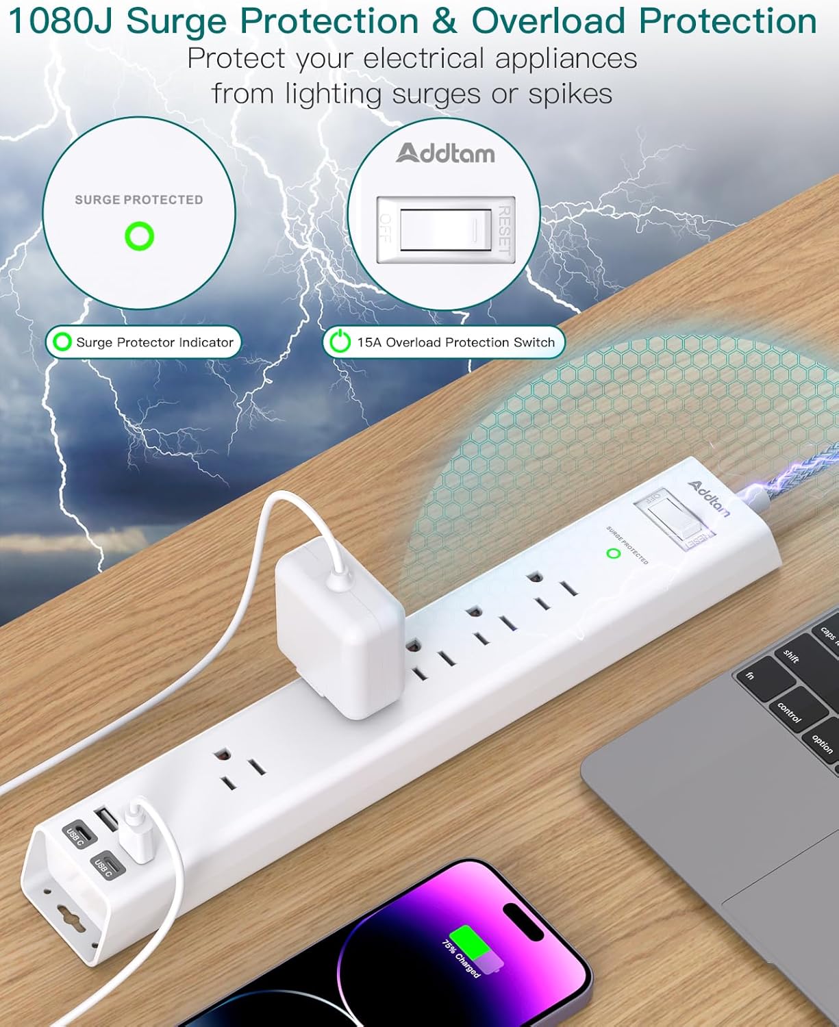 10Ft Surge Protector Power Strip - Long Extension Cord, Addtam 5 Widely Outlets 4 USB Ports, Flat Plug, Multi Plug Outlet Extender, Desk Charging Station for Home Office College Dorm Room Essentials