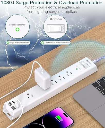 Miniatura 3 de Addtam - Tira de alimentación con protector de sobretensiones de 10 pies, cable de extensión largo, 5 salidas amplias, 4 puertos USB, enchufe plano,