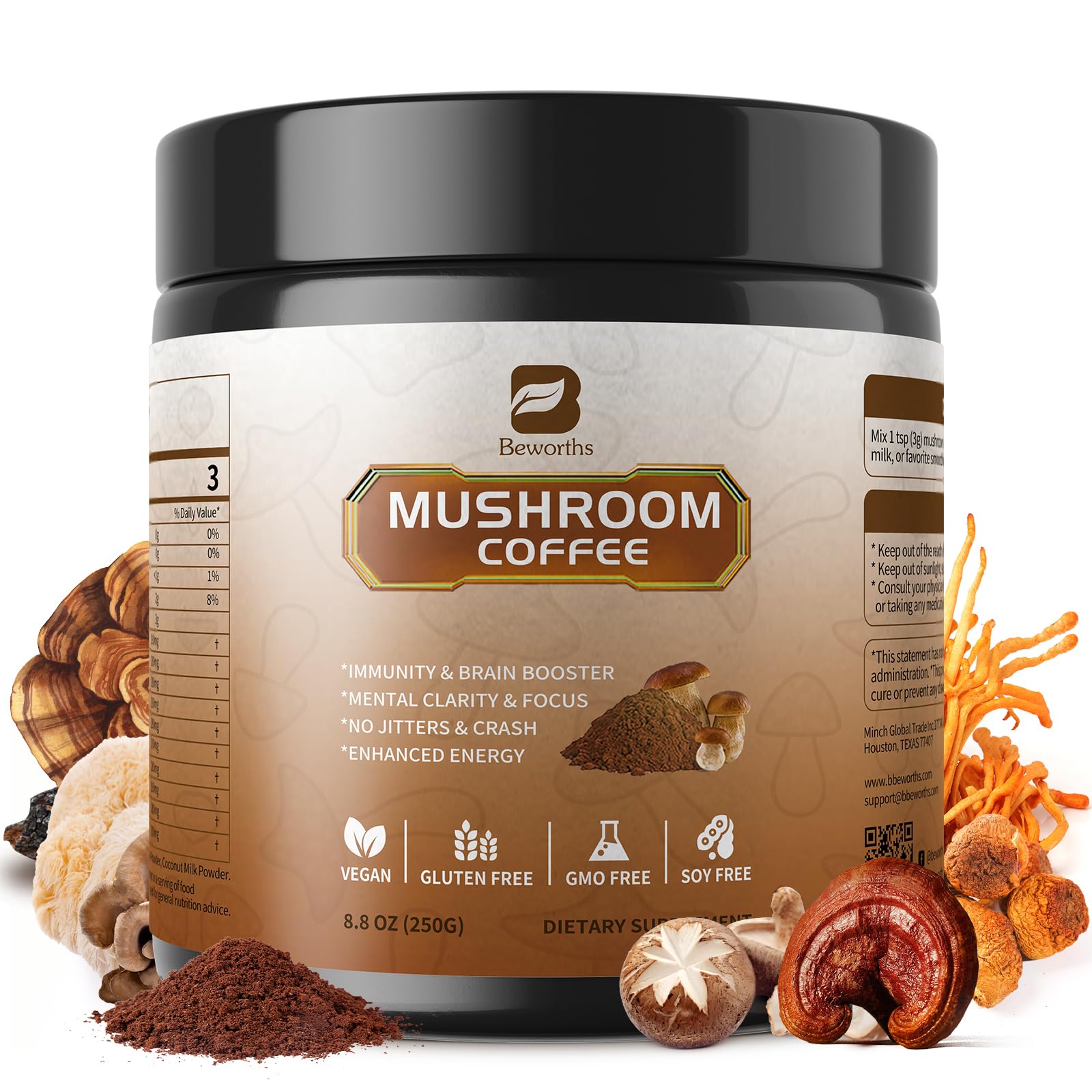 Mushroom Coffee - 10 Adaptogenic Mushroom Instant Coffee Powder, Low Roast Cacao 8.8 Ounce (Pack of 1)